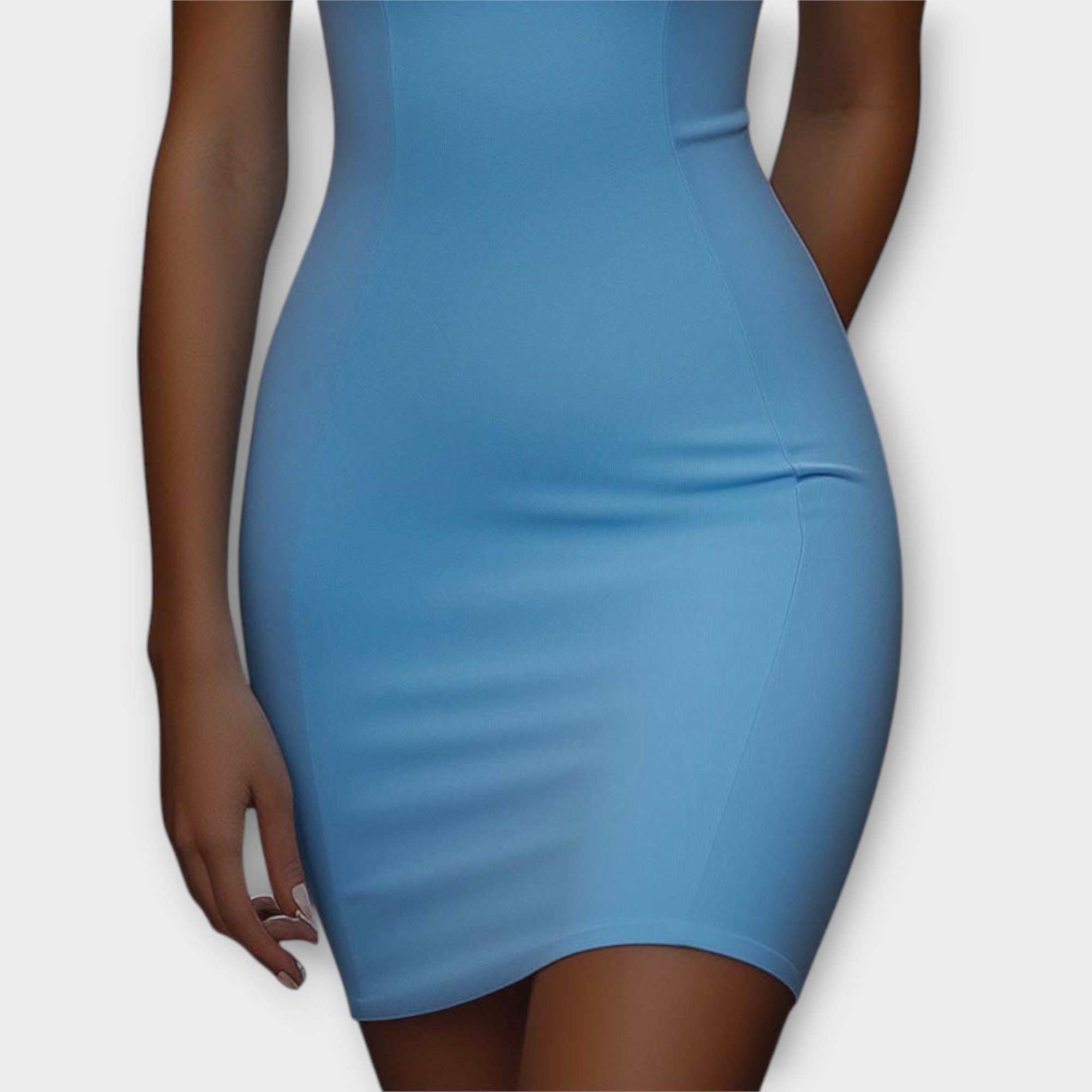 Women’s Mini Dress, Blue Sleeveless Bodycon Fit, Stretch Fabric, Crew Neck, Front Zipper