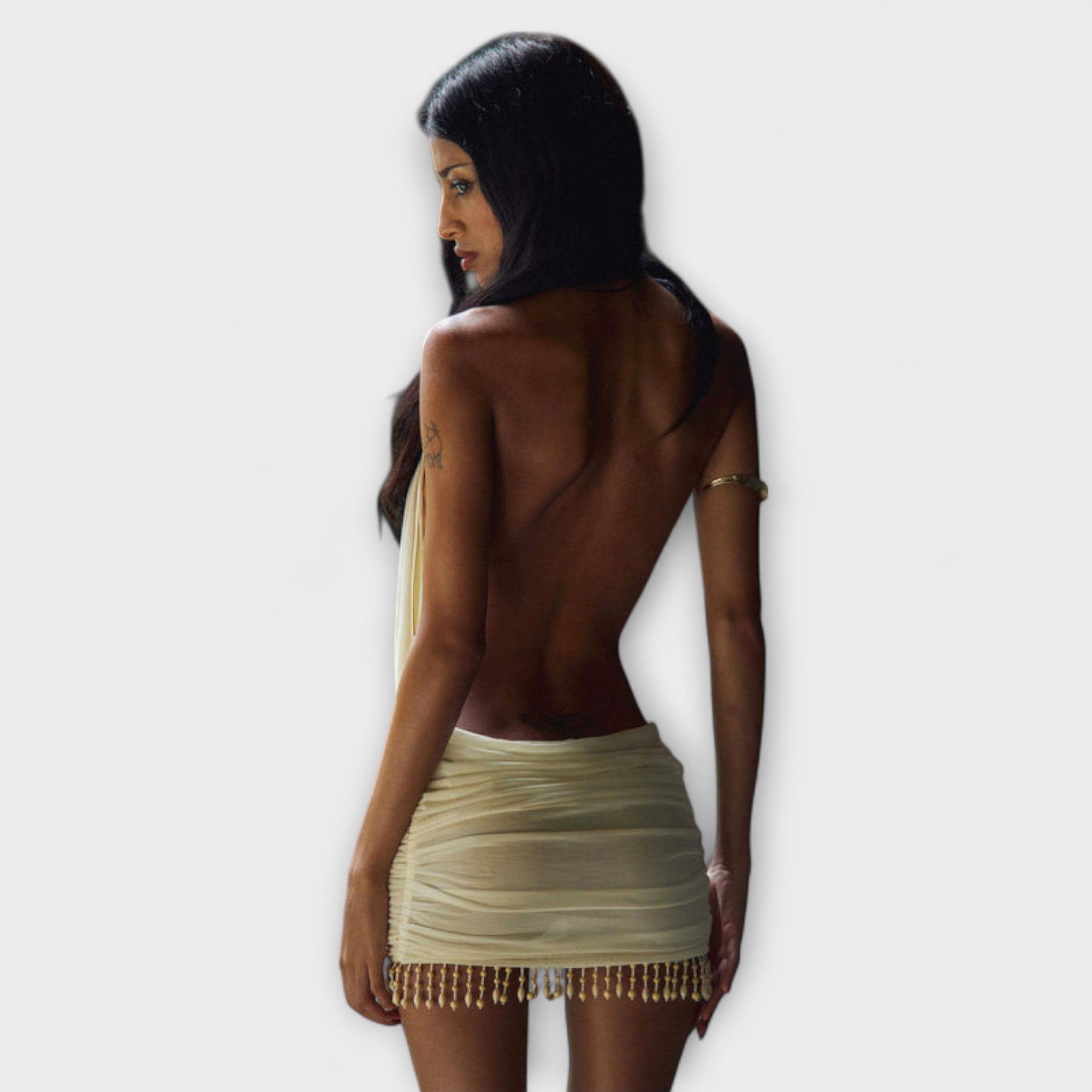 Women’s Mini Dress, Soft Pleated Fabric, Sleeveless Fitted, Adjustable Neck Tie, Open Back, Pearl Trim