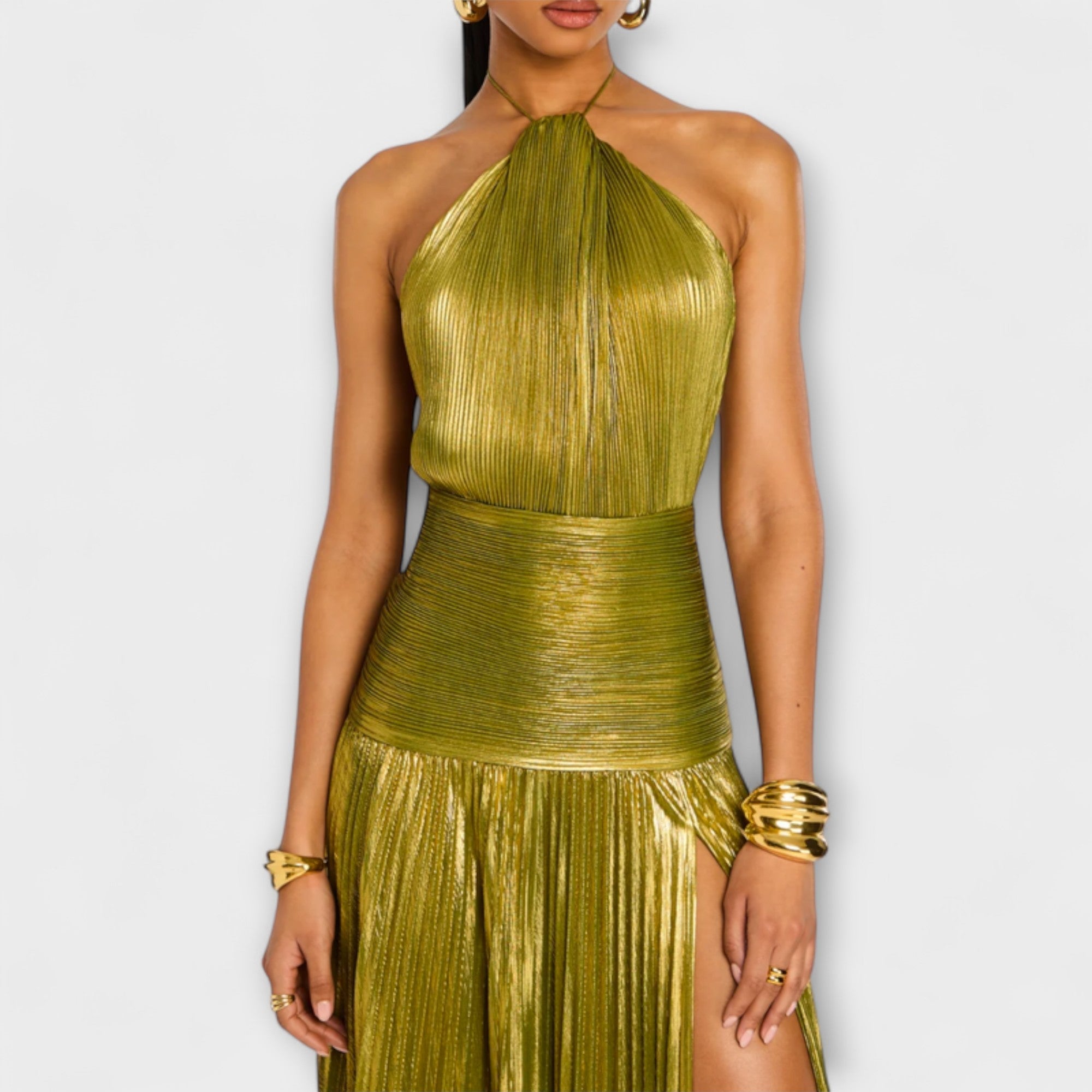 Women’s Peridot Metallic Fitted High-Slit Dress, Sleeveless, Sculpted Halter Neckline, Open Back