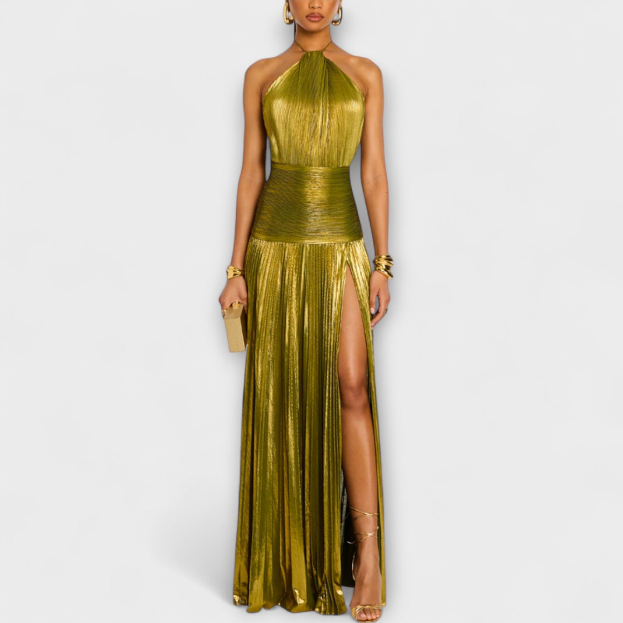 Women’s Peridot Metallic Fitted High-Slit Dress, Sleeveless, Sculpted Halter Neckline, Open Back