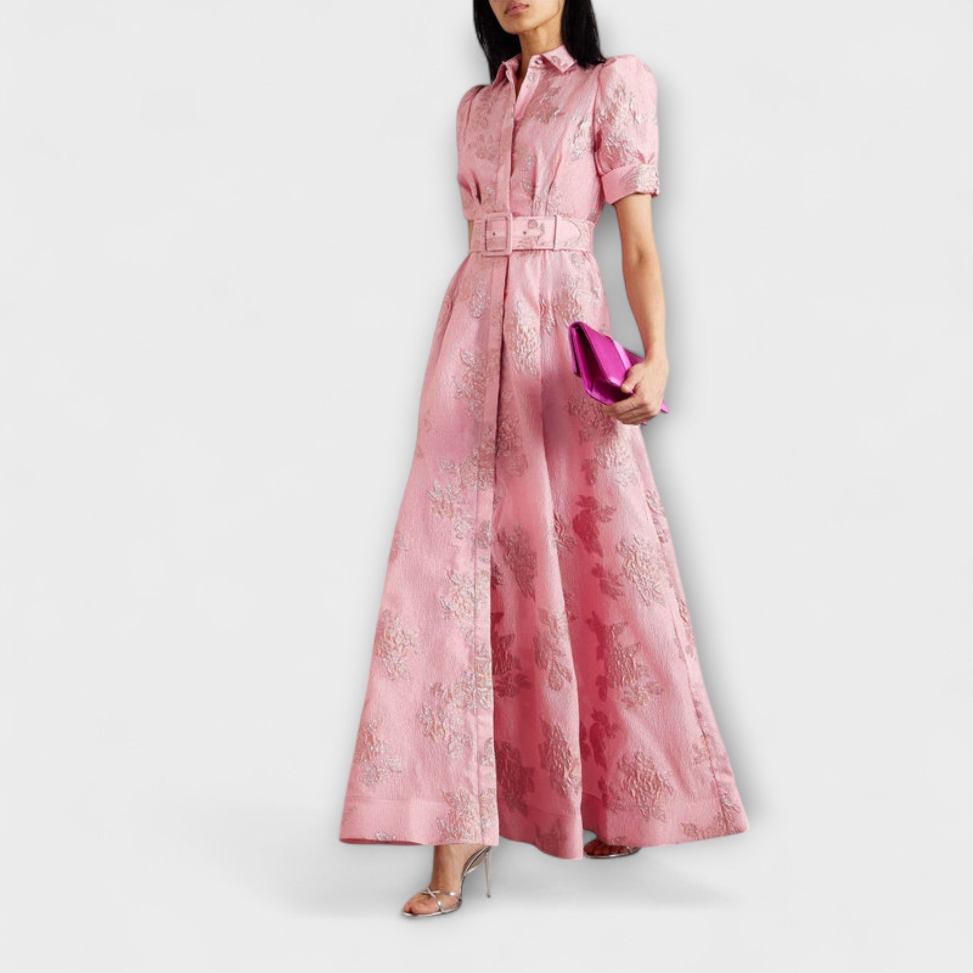 Women’s Pink Floral Waist Dress, Short Sleeve, Elegant Fit