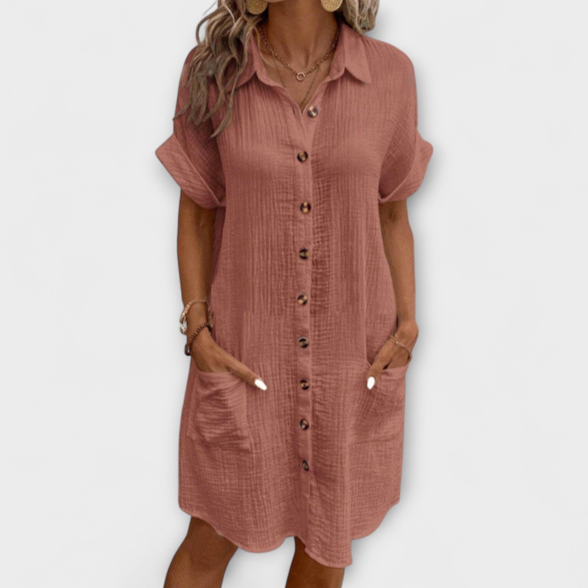 Women’s Polo Dress, Lightweight Breathable Fabric, Relaxed Fit, Rolled Sleeves, Polo Collar, Pockets