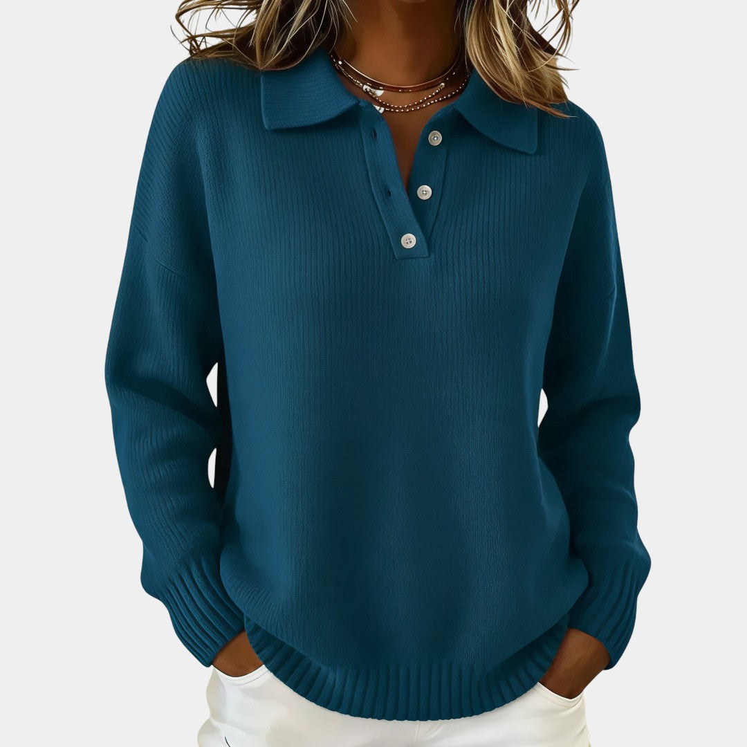 Women’s Polo Sweater, Long Sleeve, Polo Collar, Soft Stretch Knit, Regular Fit