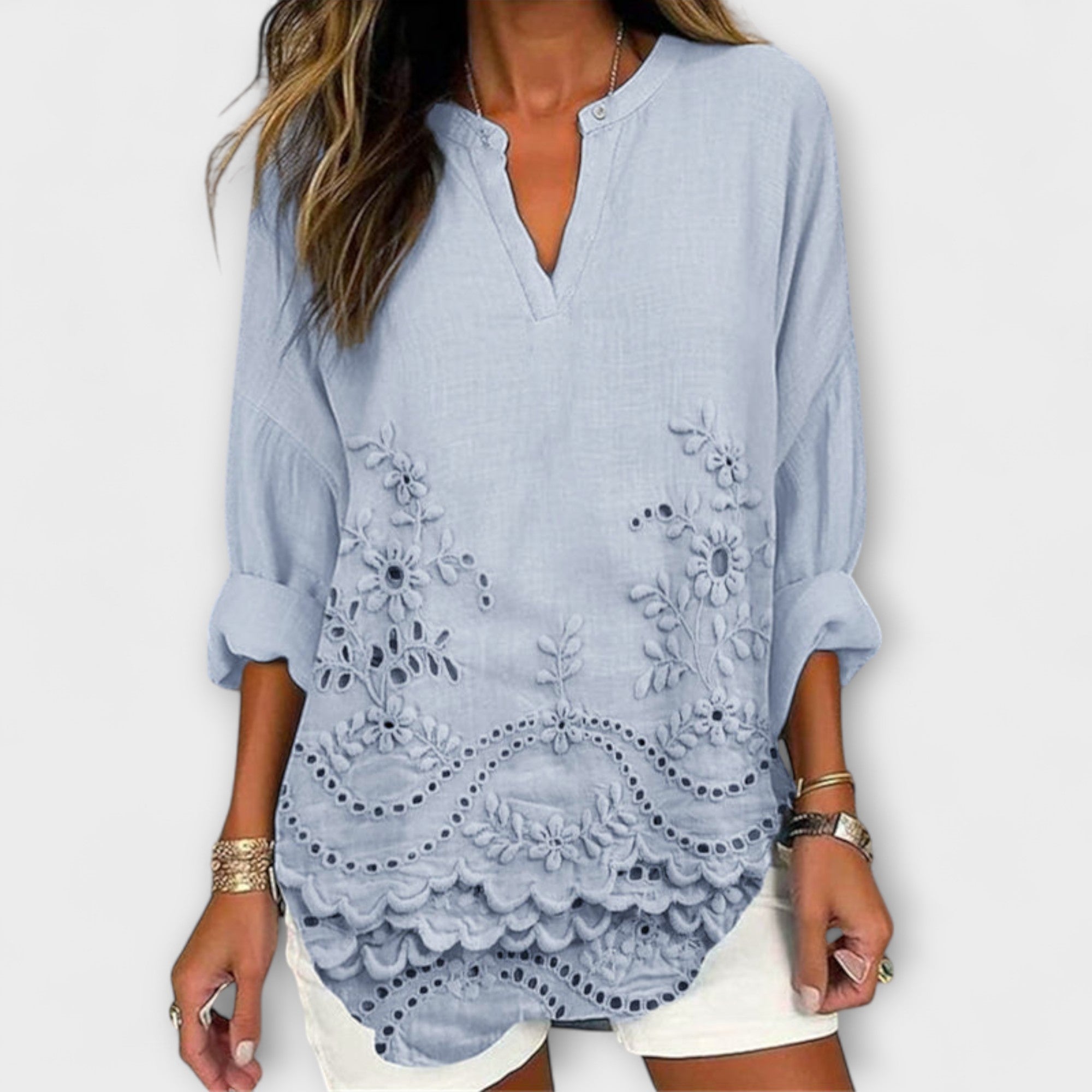 Women’s Printed Top, Short Sleeve, Round Neckline, Relaxed Fit, Lightweight Fabric with Floral Print Hem