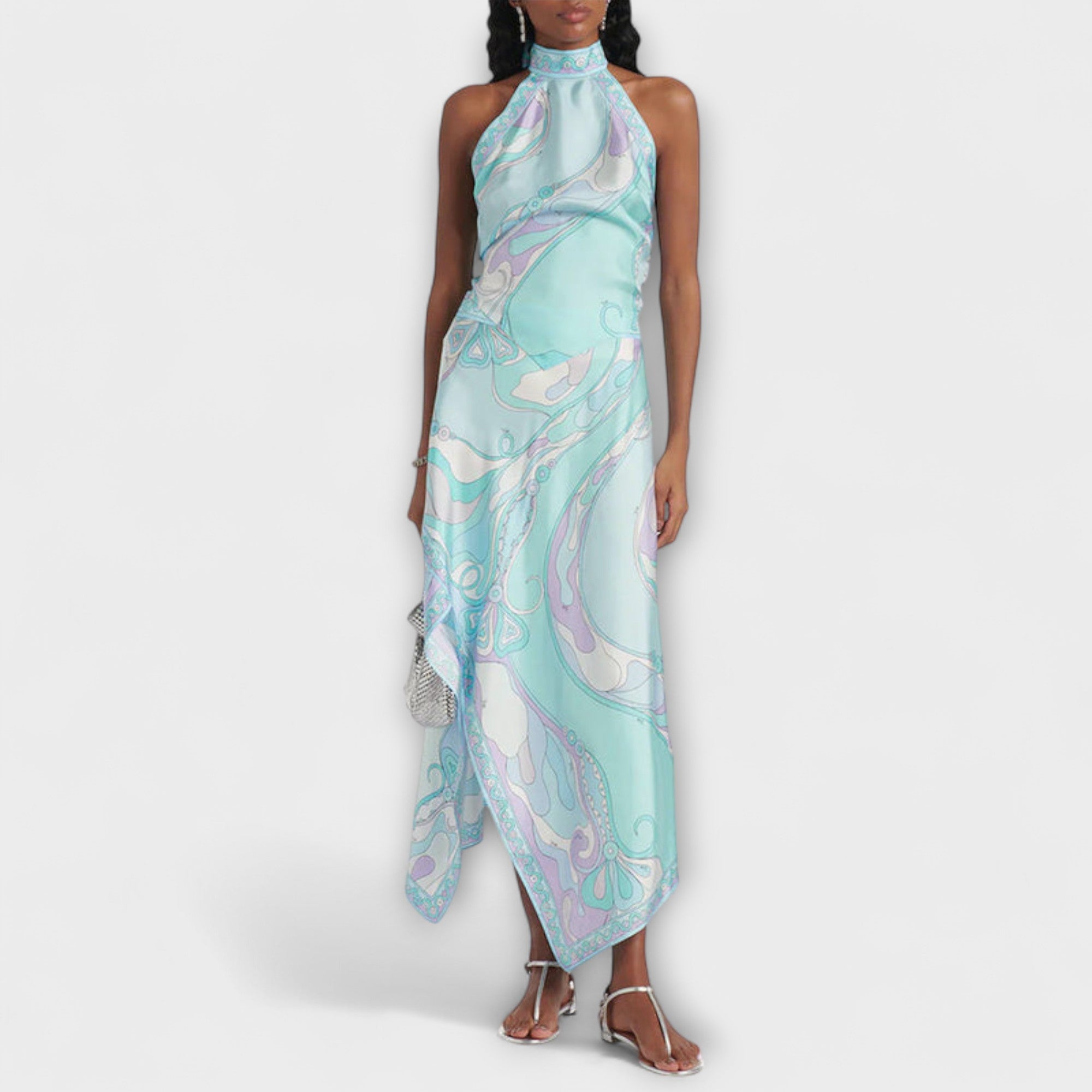 Women’s Satin Calf-Length Dress, Sleeveless, Halter Neck, Relaxed Fit