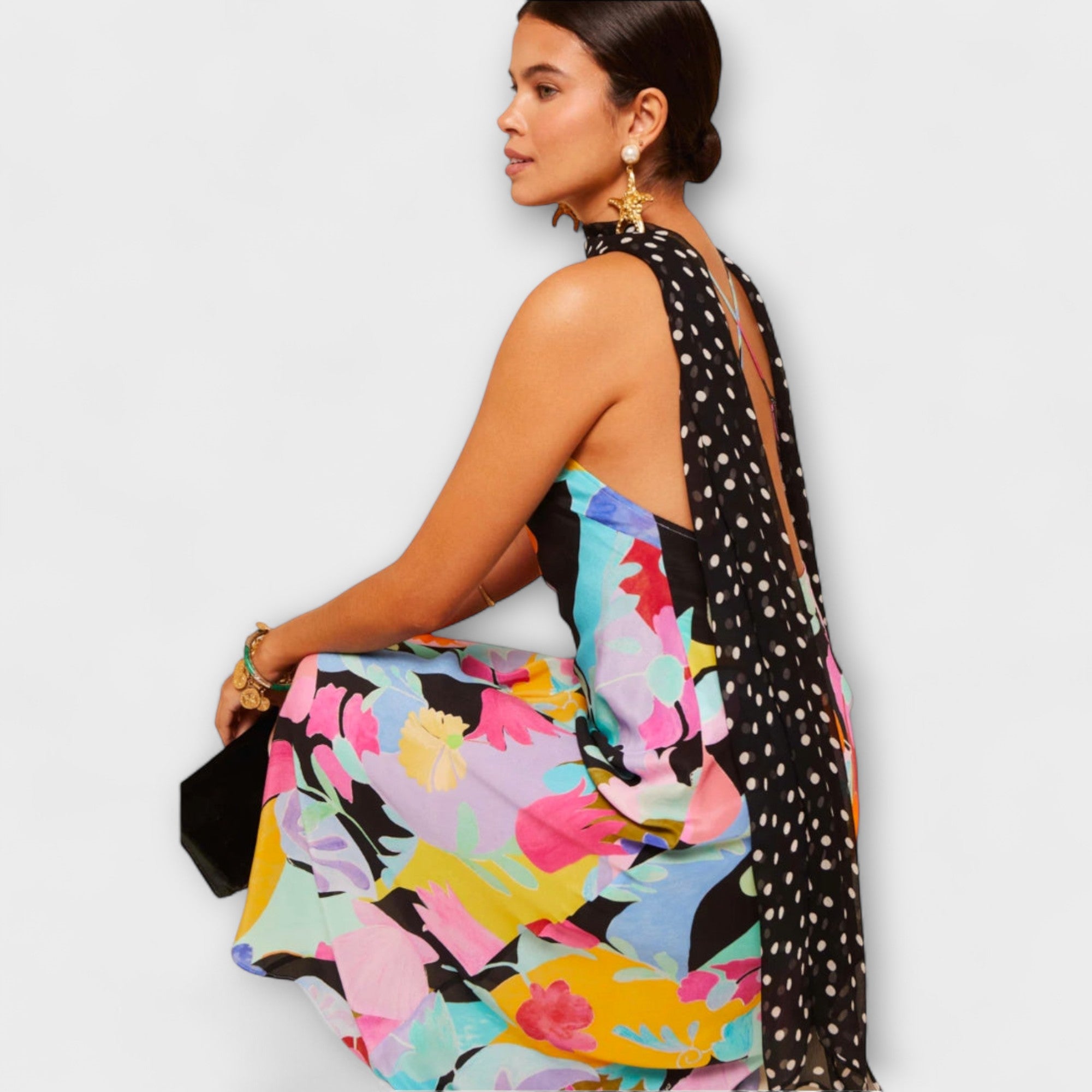 Women’s Satin Midi Dress Sleeveless, Asymmetric Neckline, Adjustable Fit, Detachable Chiffon Scarf, Open Back