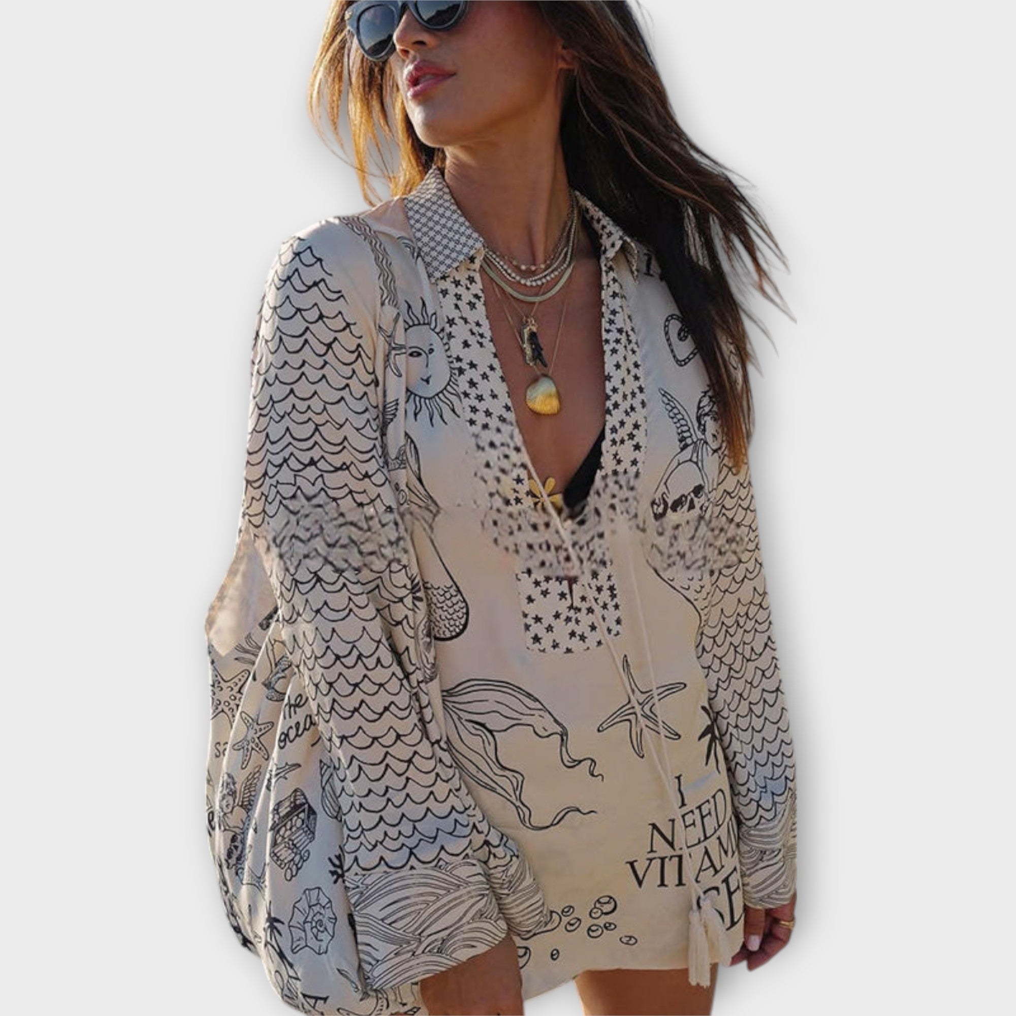 Women’s Satin Thigh-Length Dress, Long Sleeve, V-Neck, Relaxed Fit