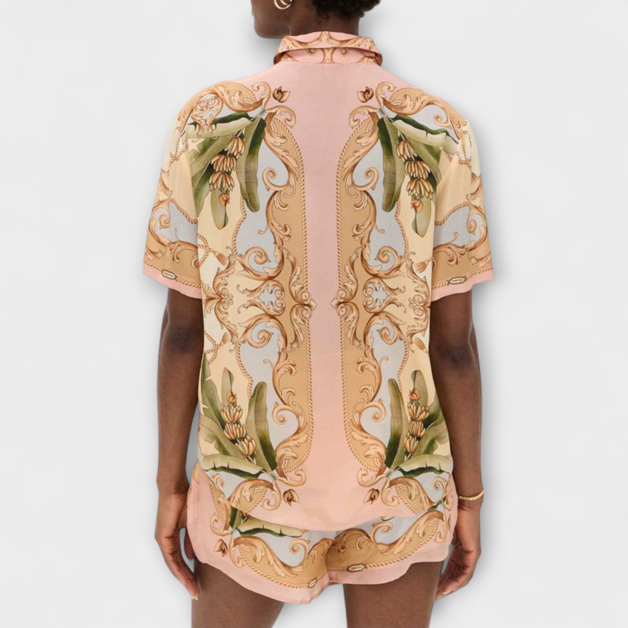 Women’s Shirt and Skirt Set, Vintage Botanical Print, Collarless Button-Up Shirt, Relaxed Fit Skirt