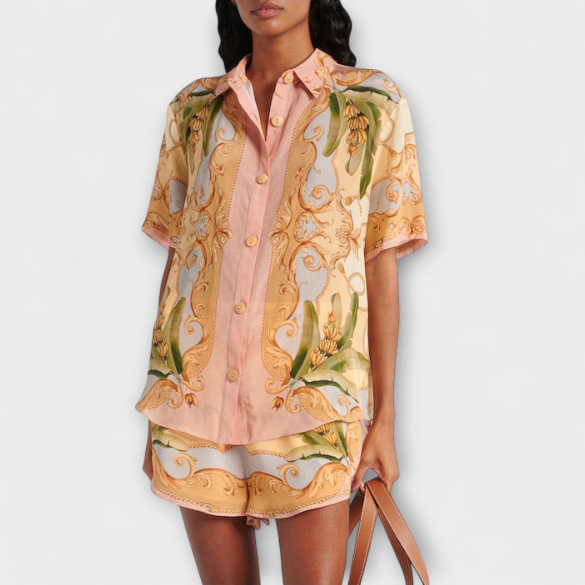 Women’s Shirt and Skirt Set, Vintage Botanical Print, Collarless Button-Up Shirt, Relaxed Fit Skirt