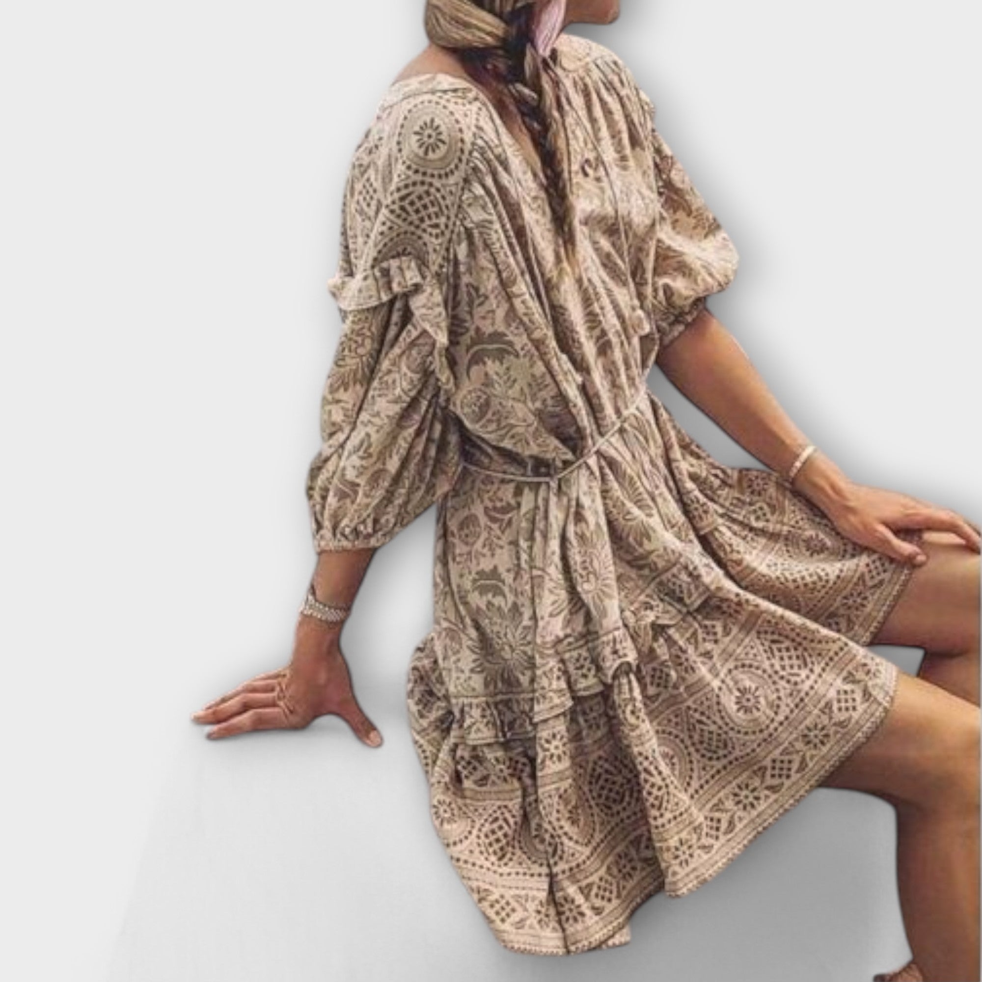 Women’s Short Dress, Lightweight Breathable Fabric, 3/4 Sleeves, Relaxed Fit, Intricate Pattern