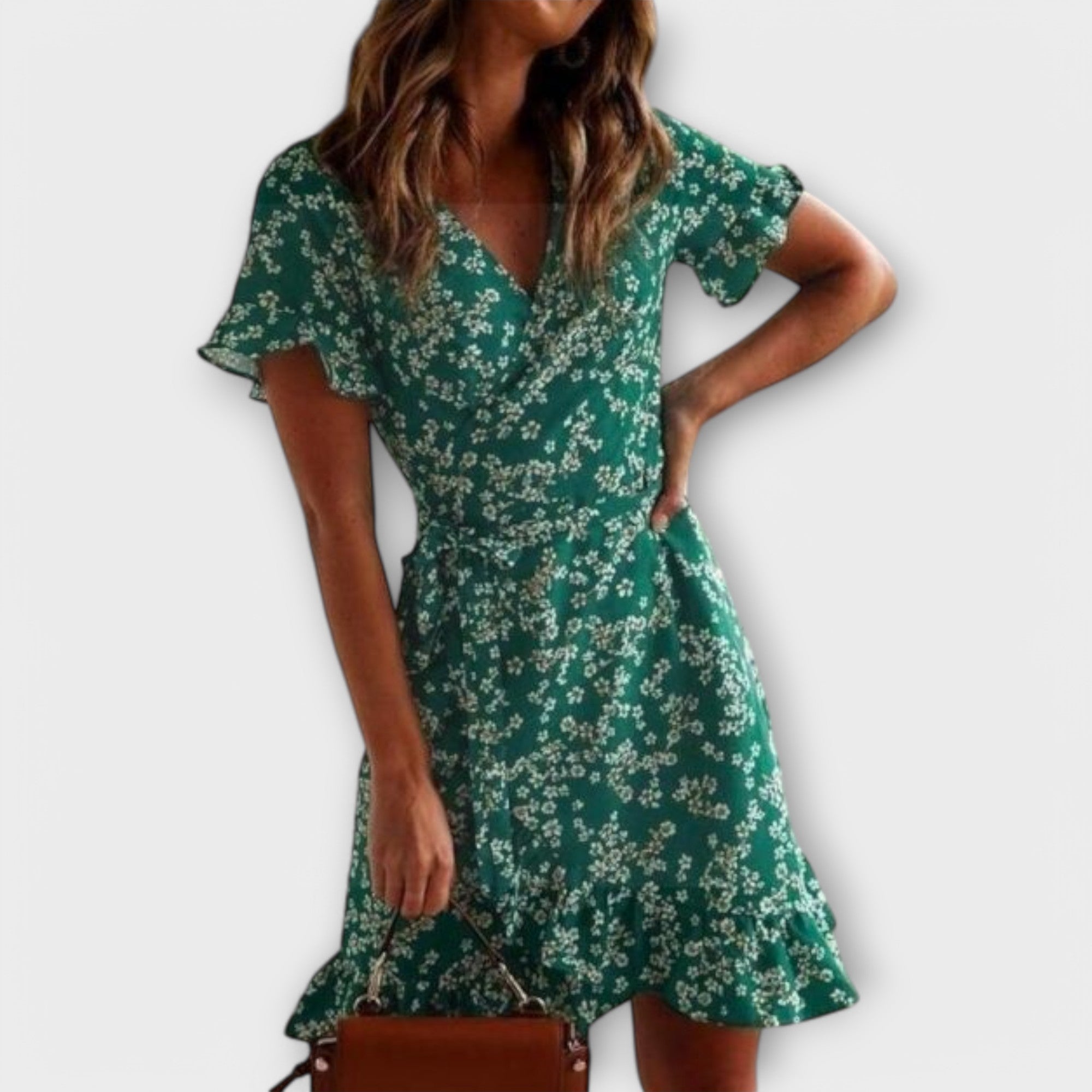 Women’s Short Green Floral Dress, Wrap Neckline, Short Sleeves, Fitted, Breathable Fabric, Ruffled Hem