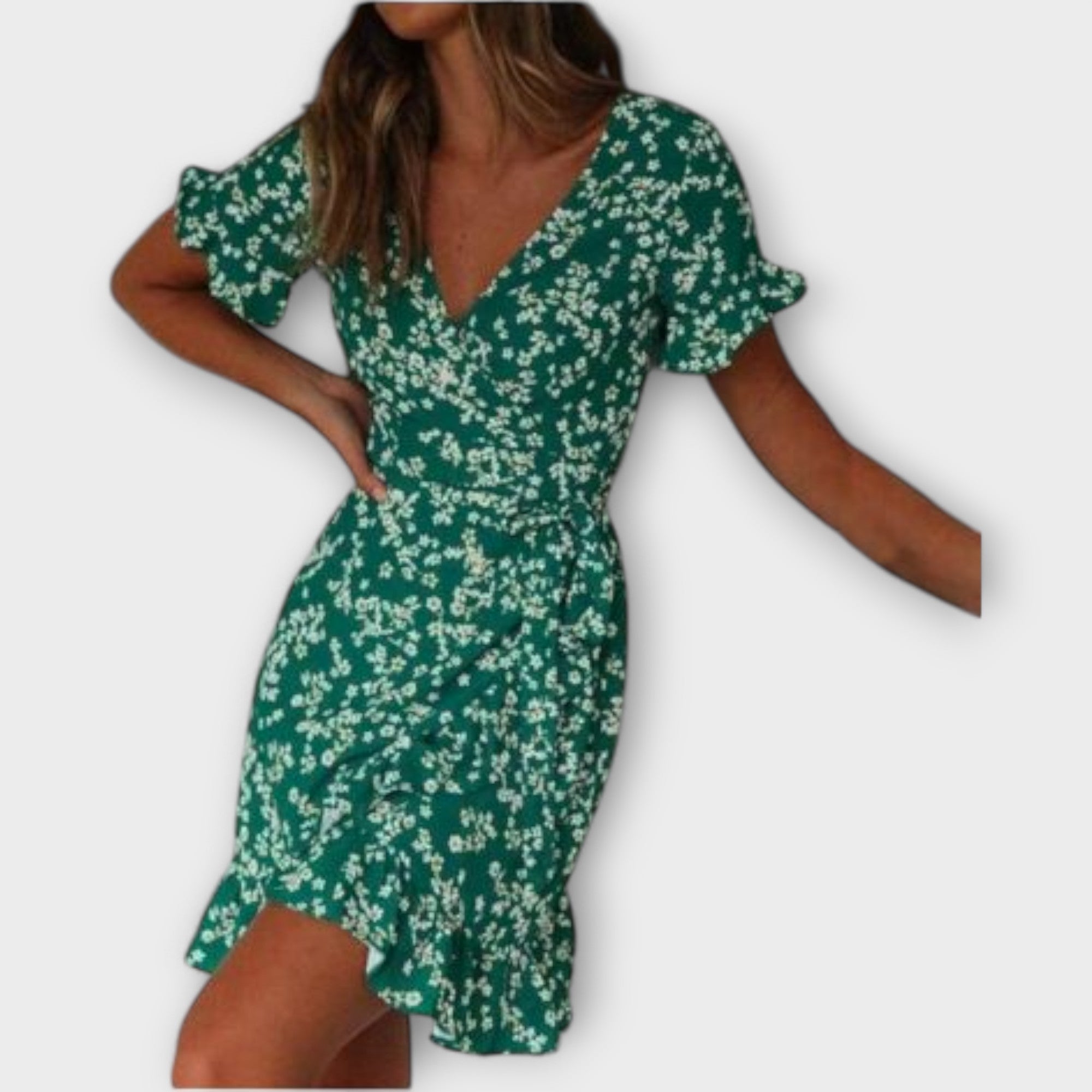 Women’s Short Green Floral Dress, Wrap Neckline, Short Sleeves, Fitted, Breathable Fabric, Ruffled Hem