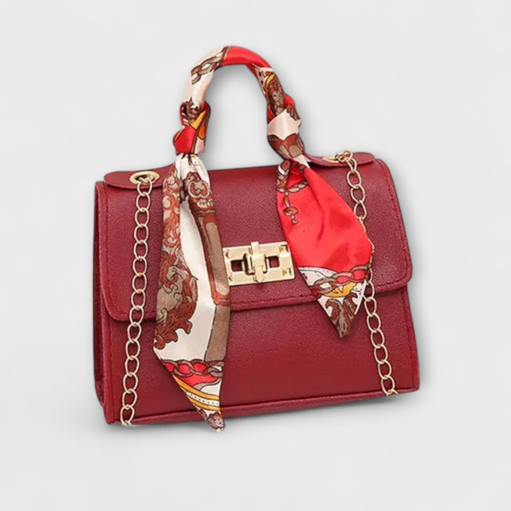Women’s Shoulder Bag, Brown Leather with Gold Clasp and Scarf Detail