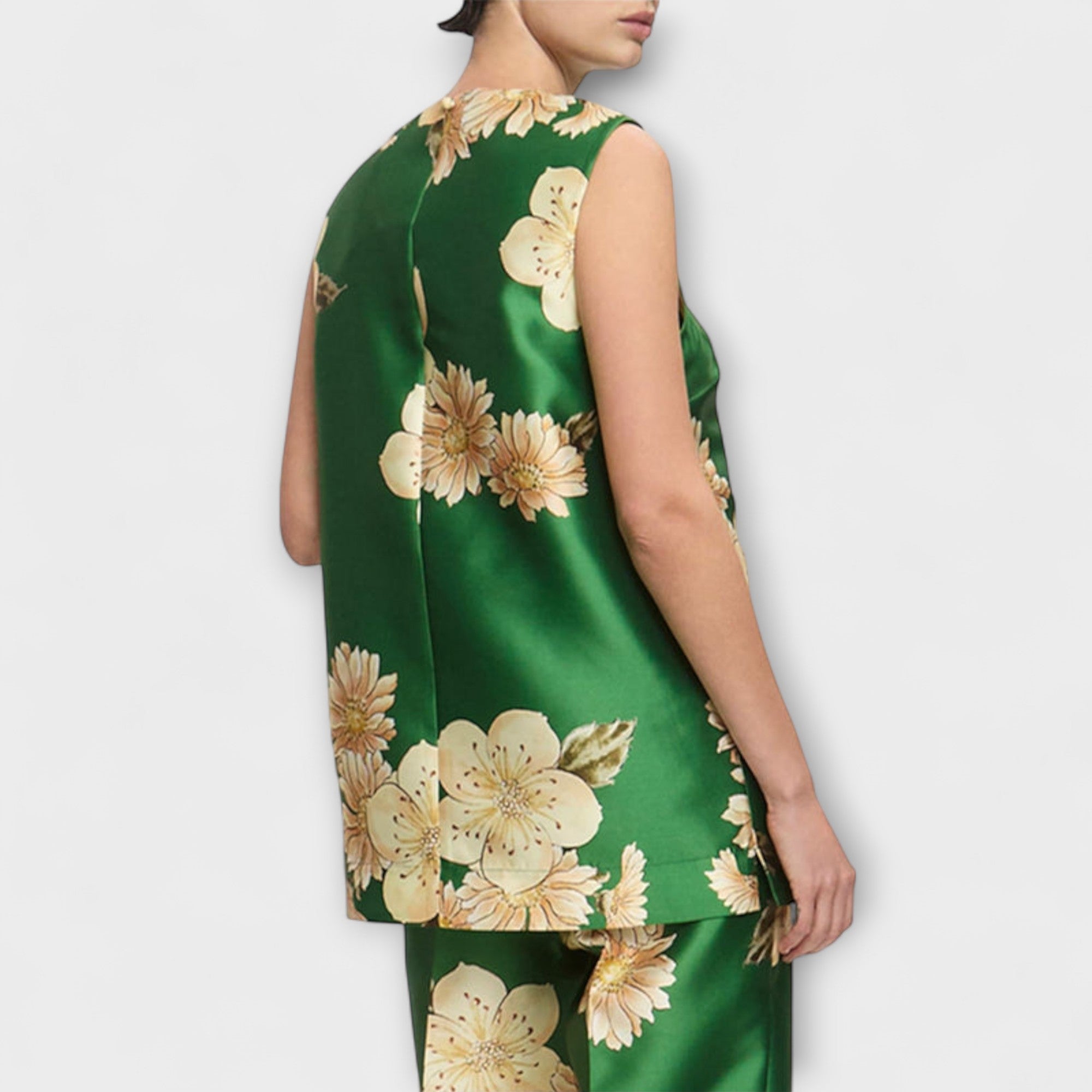 Women’s Sleeveless Blouse, Sage Green, Silky Fabric, Round Neckline, Flowing Fit, Floral Print