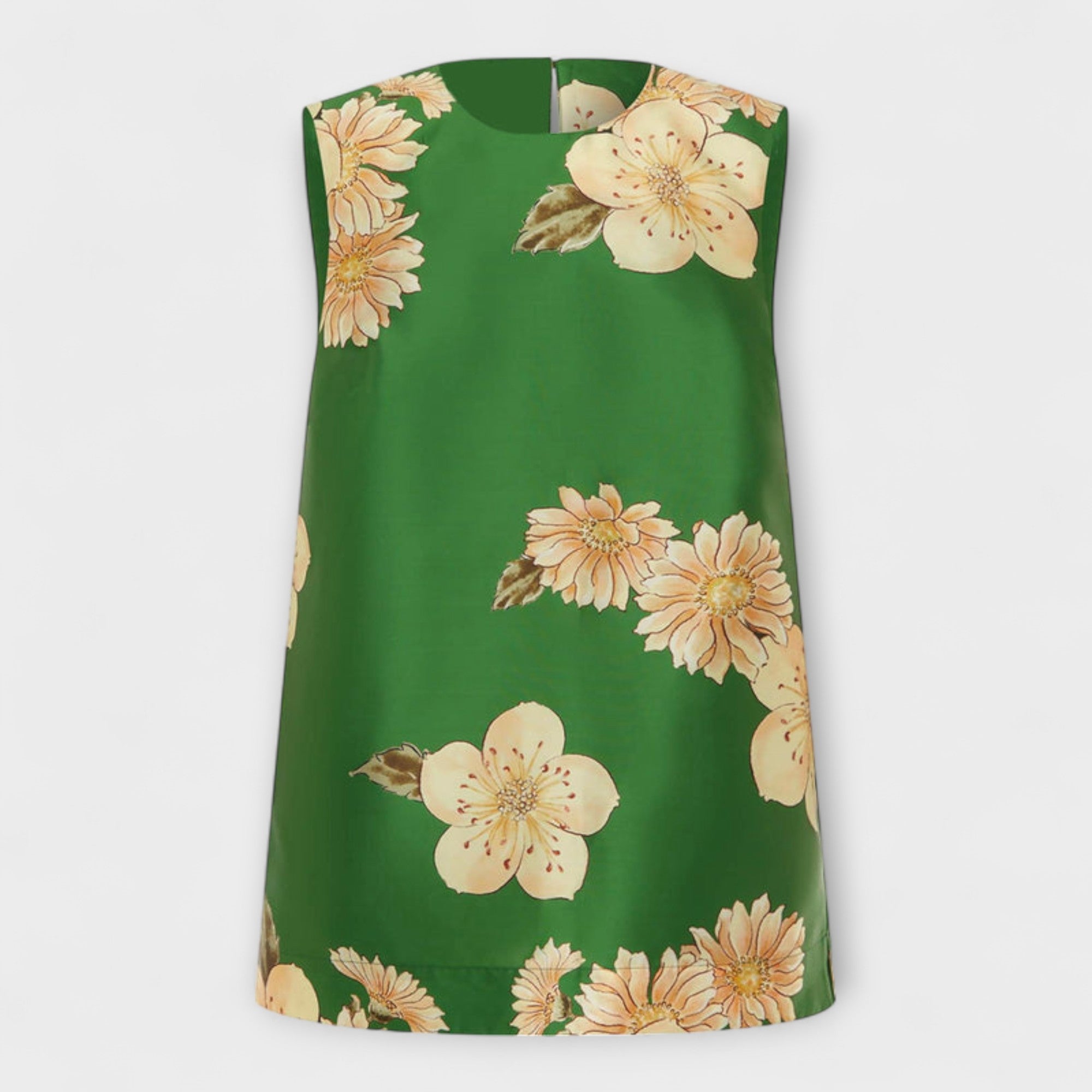 Women’s Sleeveless Blouse, Sage Green, Silky Fabric, Round Neckline, Flowing Fit, Floral Print