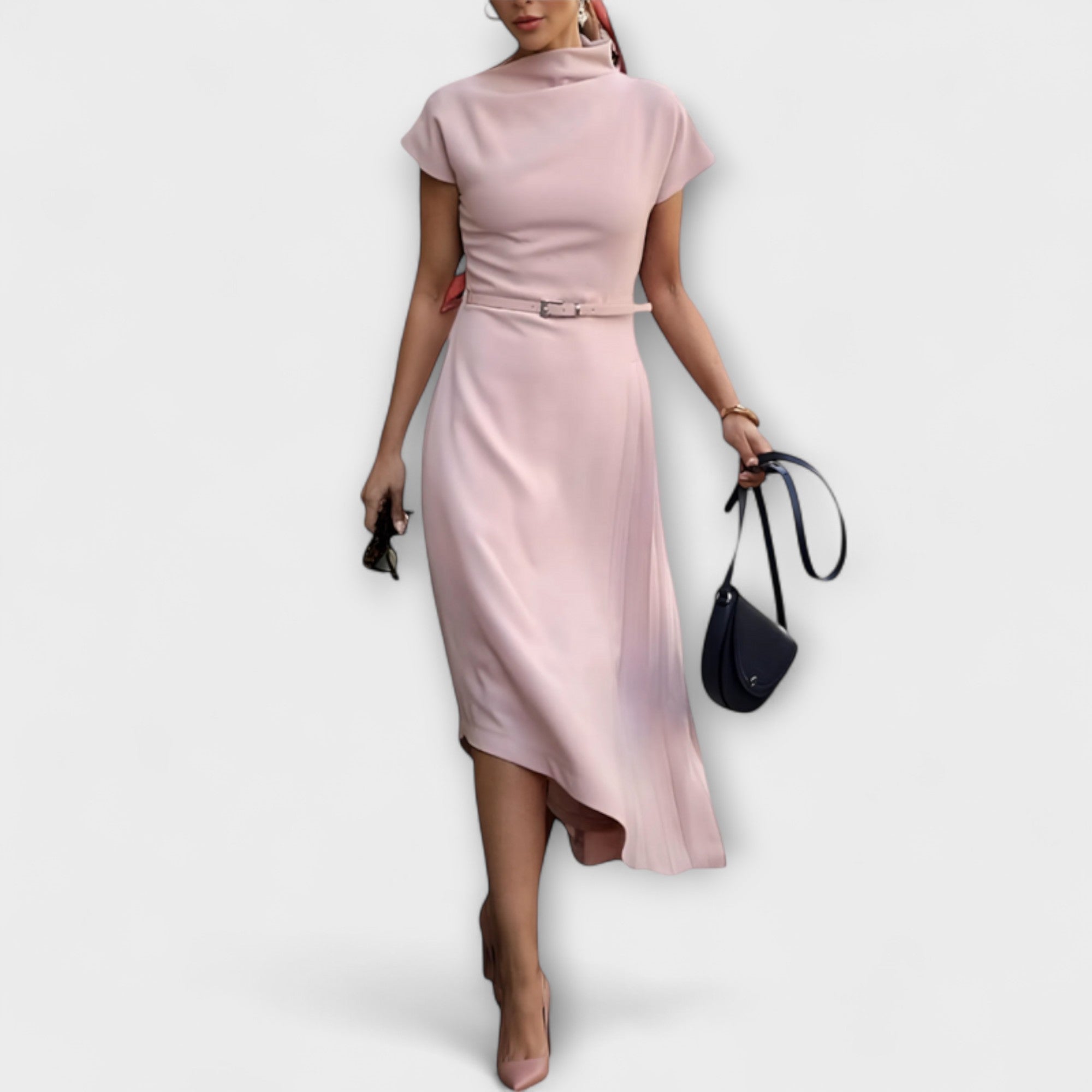 Women’s Sleeveless Cotton Blend A-Line Dress, High Neckline, Asymmetrical Cut, Slit Detail