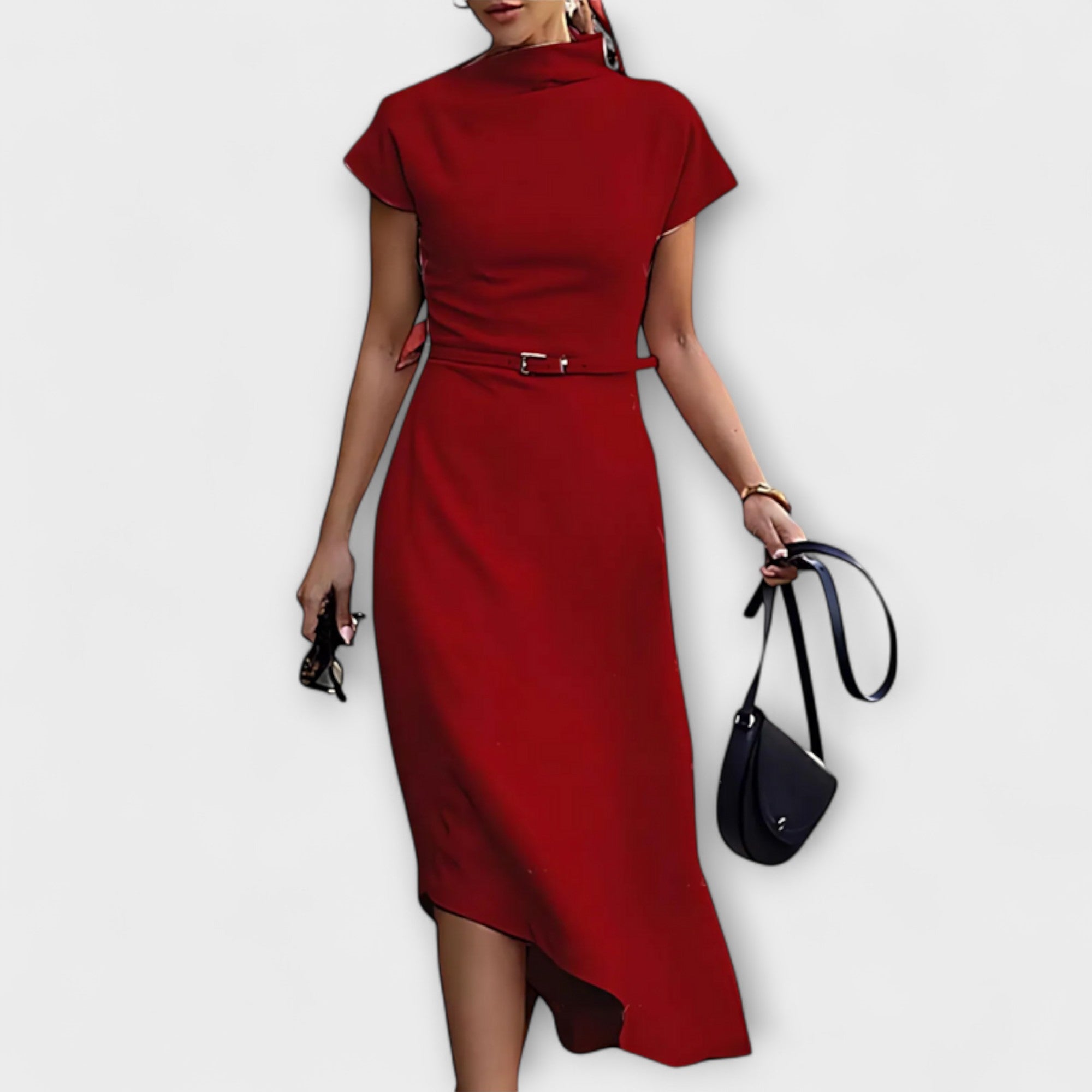 Women’s Sleeveless Cotton Blend A-Line Dress, High Neckline, Asymmetrical Cut, Slit Detail