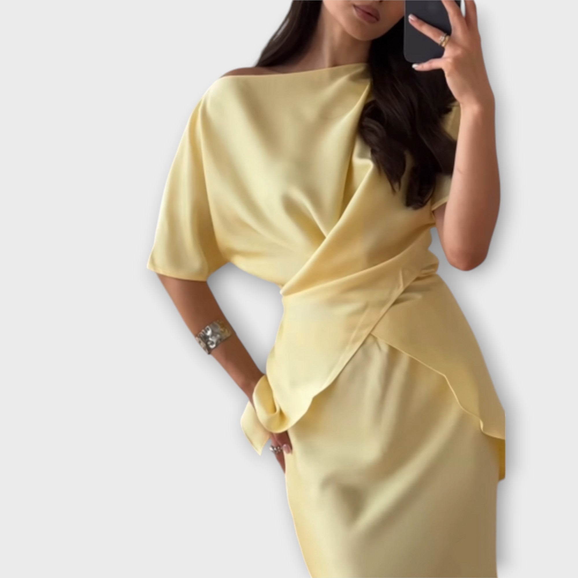 Women’s Sleeveless Dress, Tailored Fit, Wide Neckline, Crossed Slit Straps, Waistband Skirt