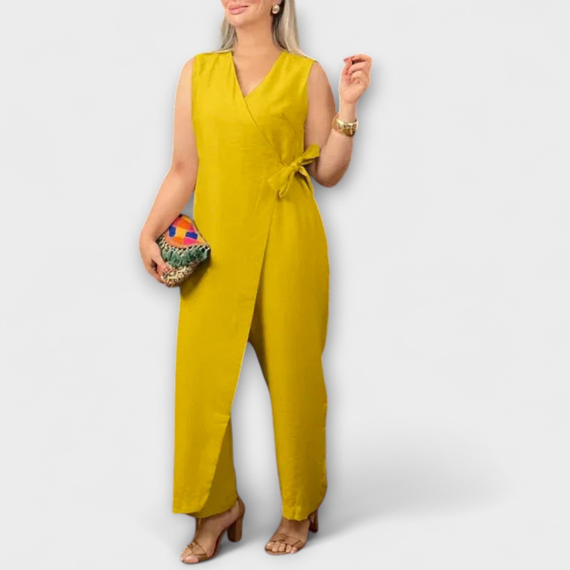 Women’s Sleeveless Jumpsuit, Soft Fabric, V-Neck, Adjustable Belt, Comfortable Fit