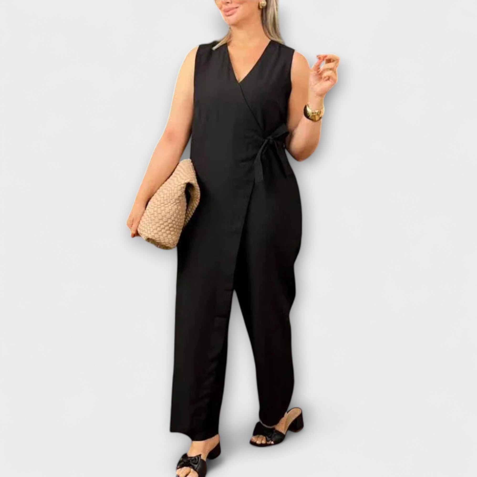 Women’s Sleeveless Jumpsuit, Soft Fabric, V-Neck, Adjustable Belt, Comfortable Fit