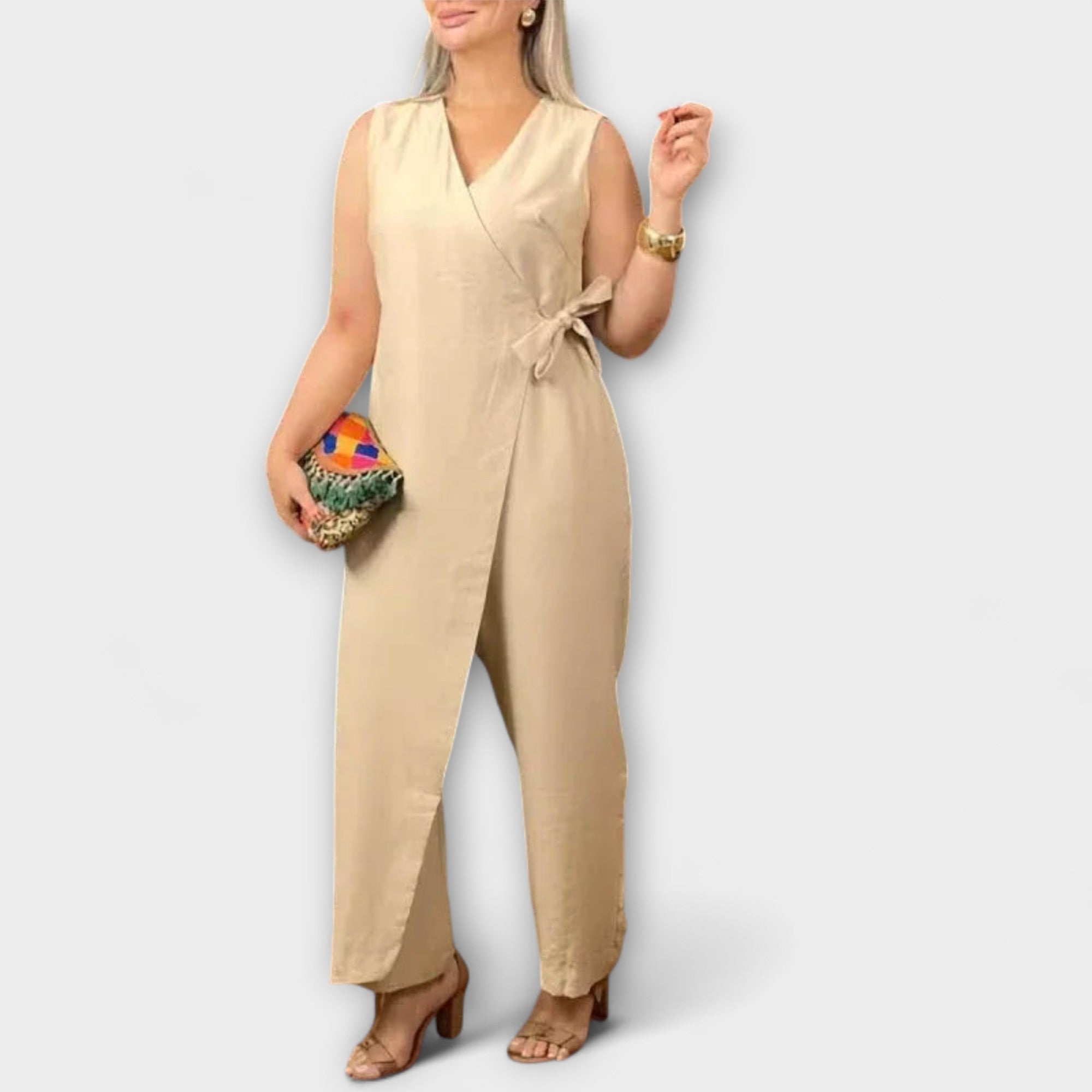 Women’s Sleeveless Jumpsuit, Soft Fabric, V-Neck, Adjustable Belt, Comfortable Fit