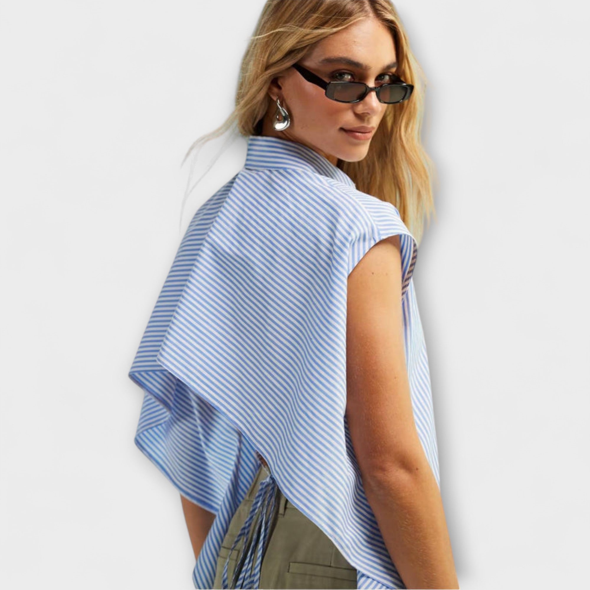 Women’s Sleeveless Light Blue Striped Top, Open Back with Adjustable Ties, Lightweight Breathable Fabric