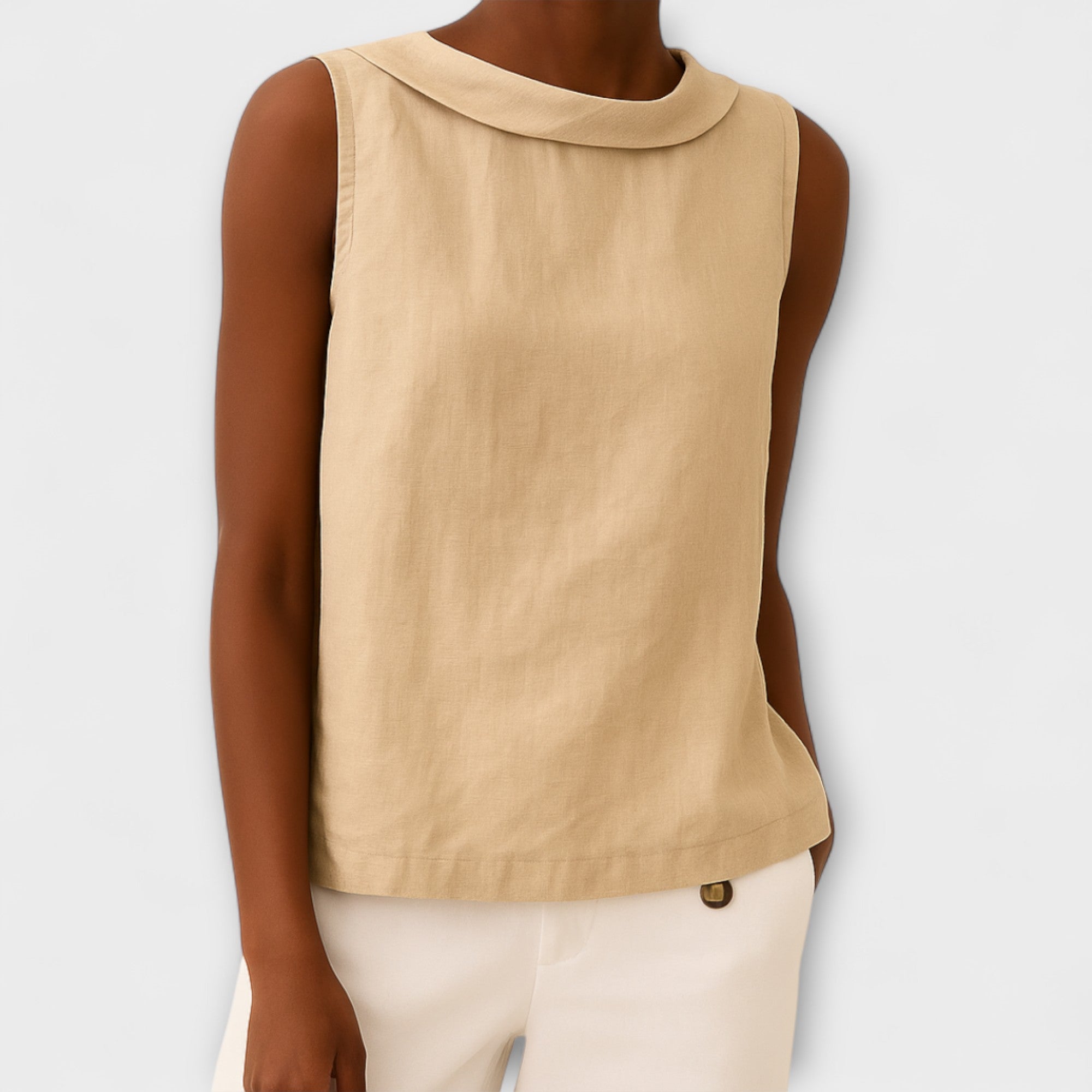 Women’s Sleeveless Top, Cotton Linen Blend, Neutral Color, Pleated Collar, Regular Fit