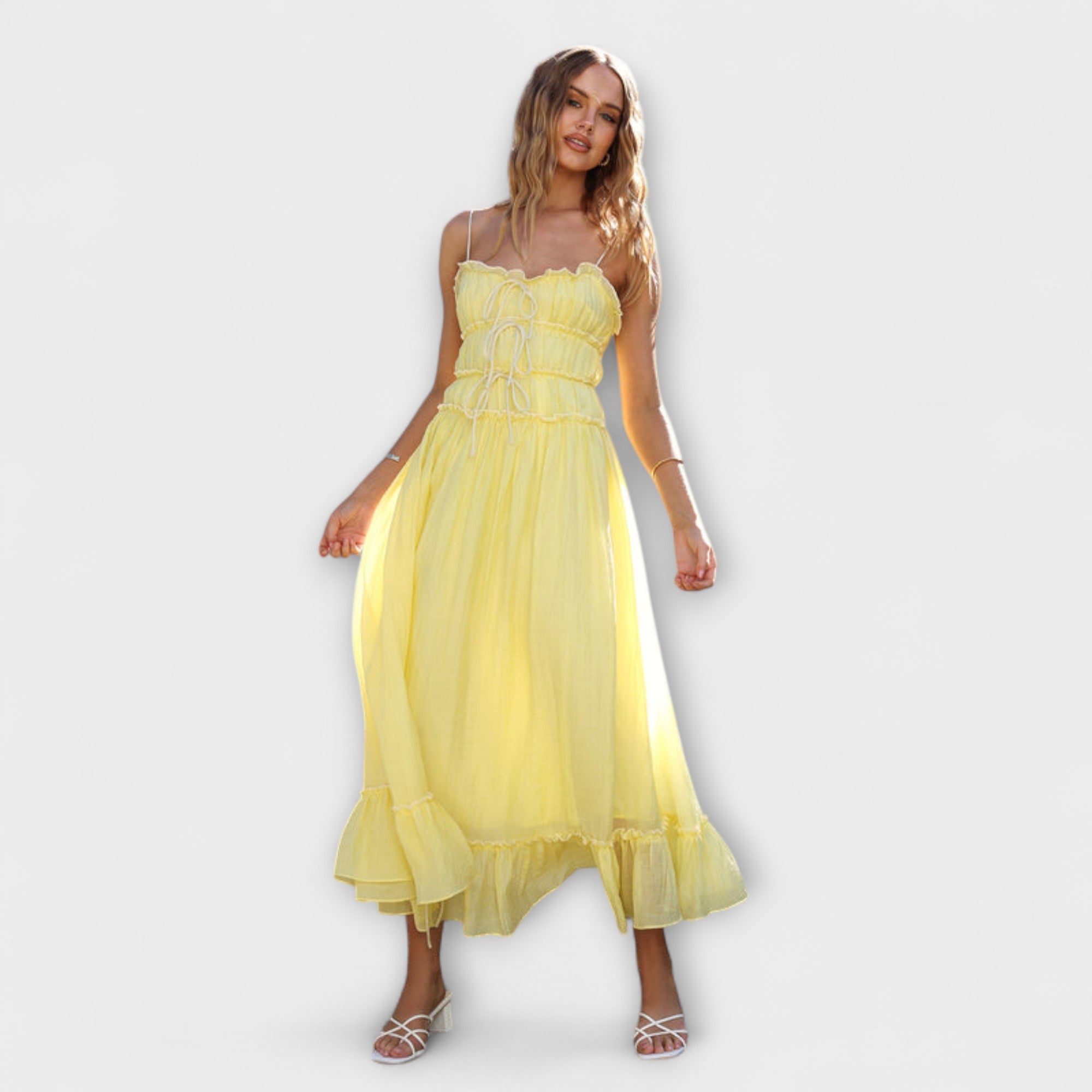 Women’s Sleeveless Top, Solid Color, Lightweight Stretch Fit, Tie Closure Neckline, Ruffle Detail