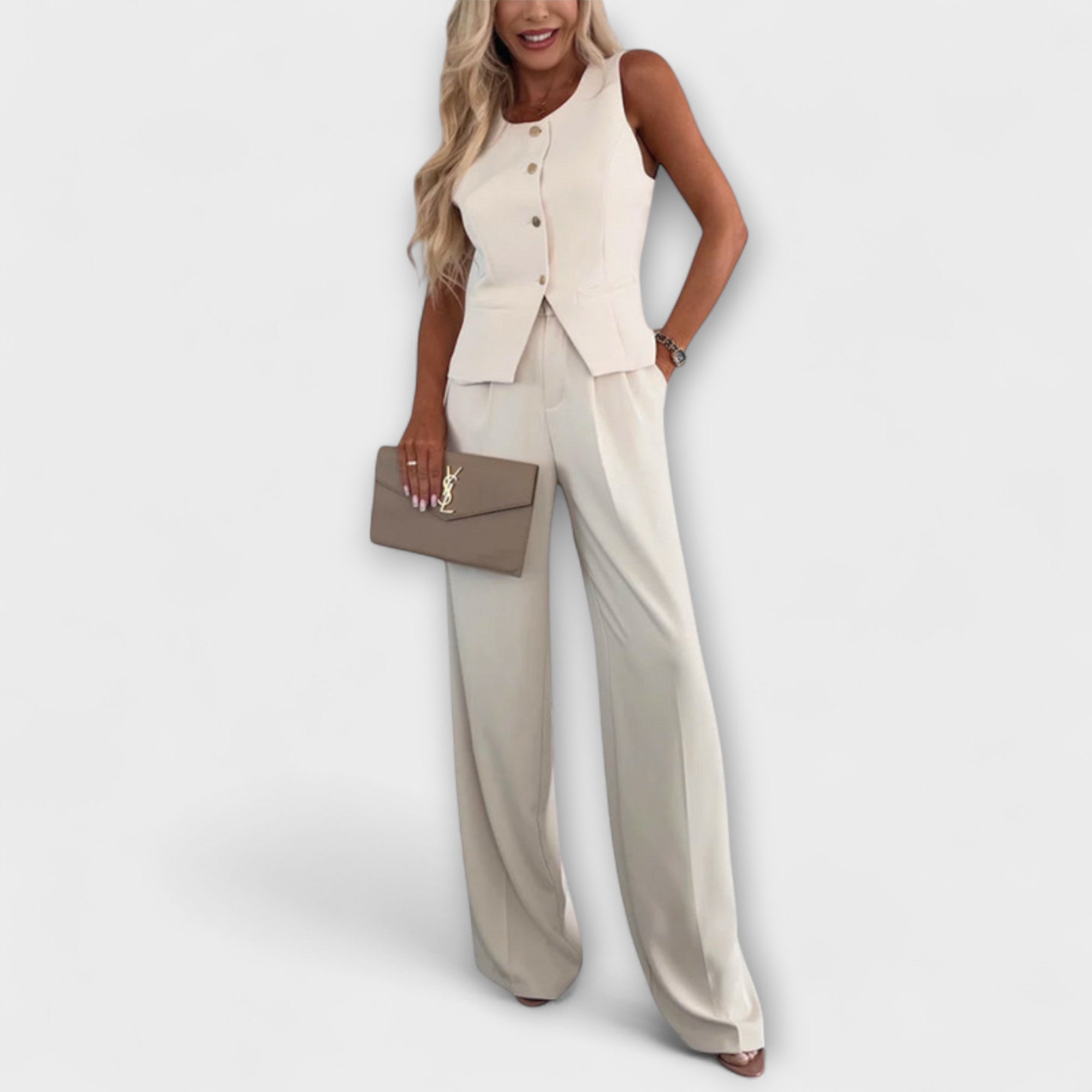 Women’s Sleeveless Top with Button Accents and Straight-Cut Trousers Ensemble, Soft Fabric, Tailored Fit