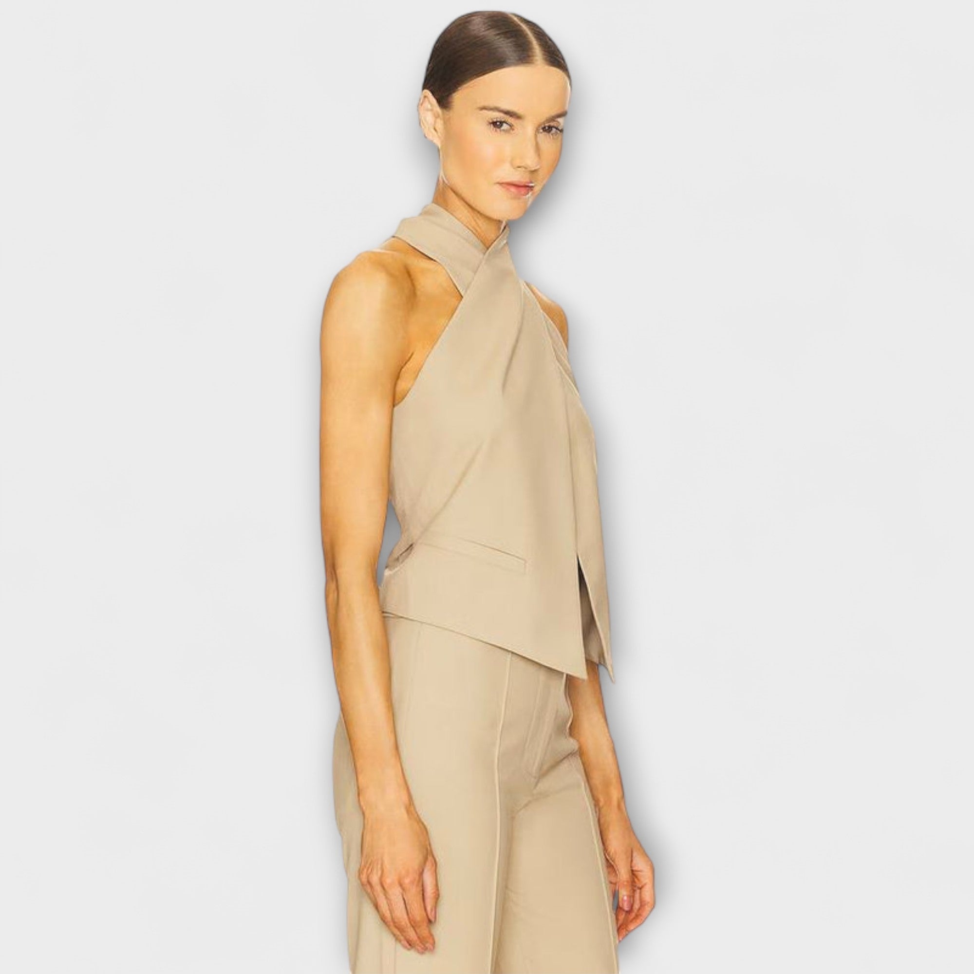 Women’s Sleeveless Twill Top, Lightweight, Cross Halter Neck, Fitted, Polyester Viscose