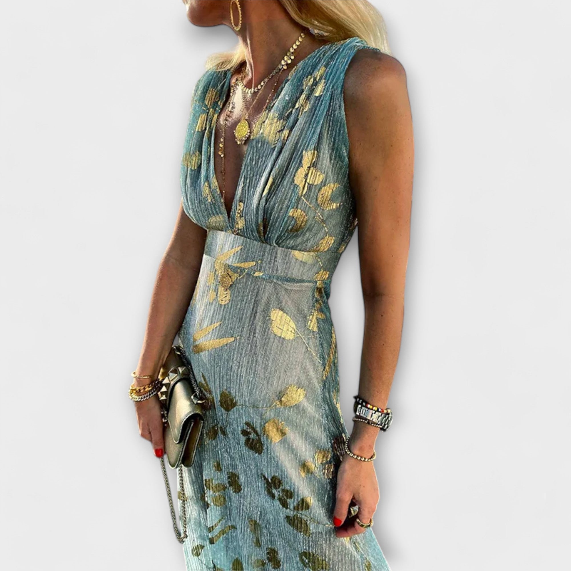 Women’s Sleeveless V-Neck Dress, Blue and Yellow, Relaxed Fit, Lightweight Breathable Fabric, Subtle Sequin Detail