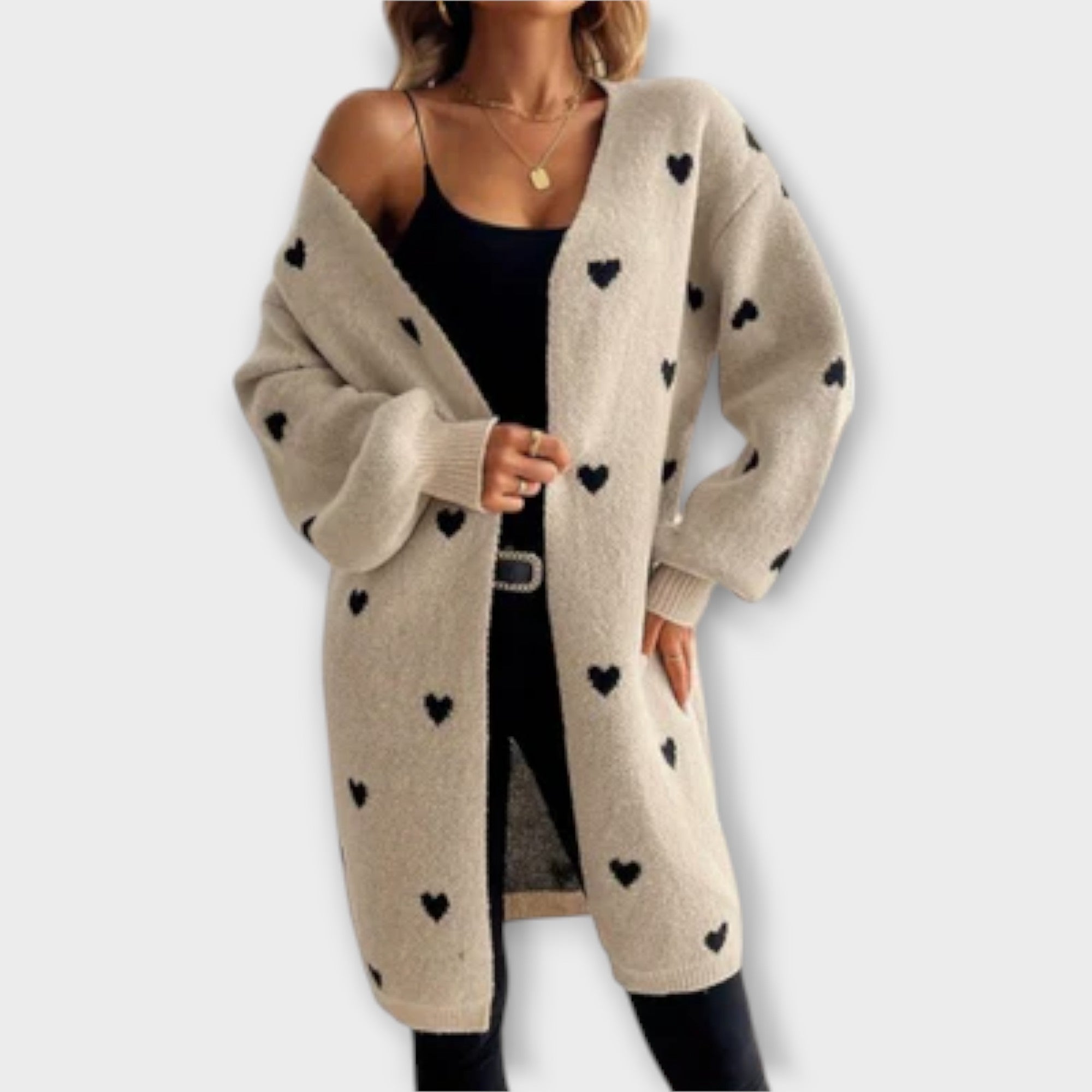 Women’s Soft Knit Cardigan, Long Sleeve, Heart Pattern, Open Neckline, Relaxed Fit