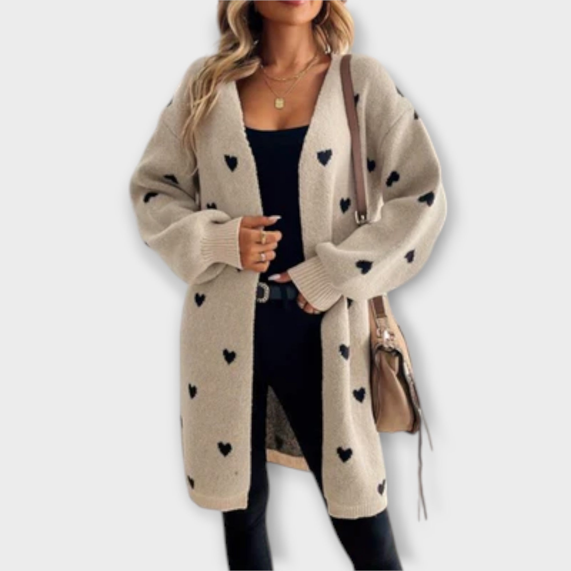 Women’s Soft Knit Cardigan, Long Sleeve, Heart Pattern, Open Neckline, Relaxed Fit