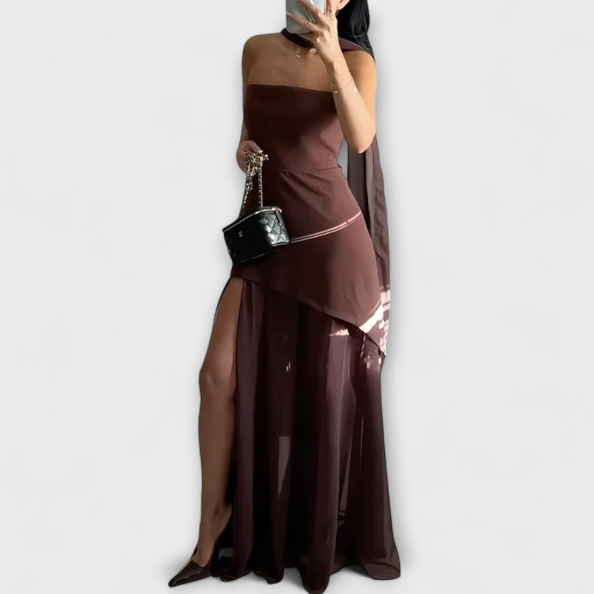 Women’s Strapless Ankle-Length Dress, Sleeveless, Regular Fit, Polyester, Sheer Chiffon Overlay, High Side Slit