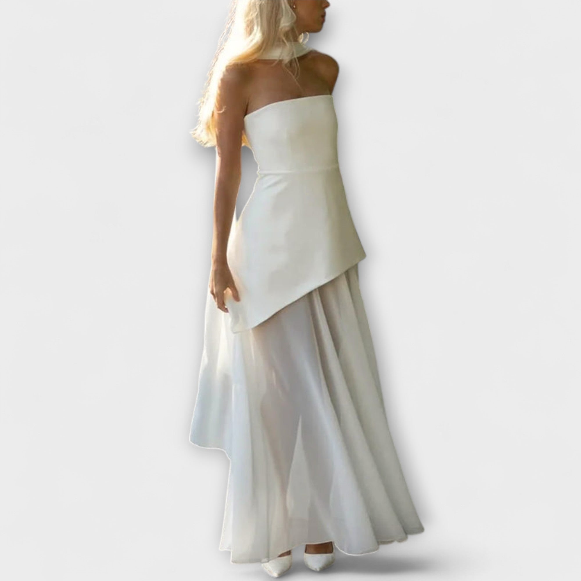 Women’s Strapless Ankle-Length Dress, Sleeveless, Regular Fit, Polyester, Sheer Chiffon Overlay, High Side Slit