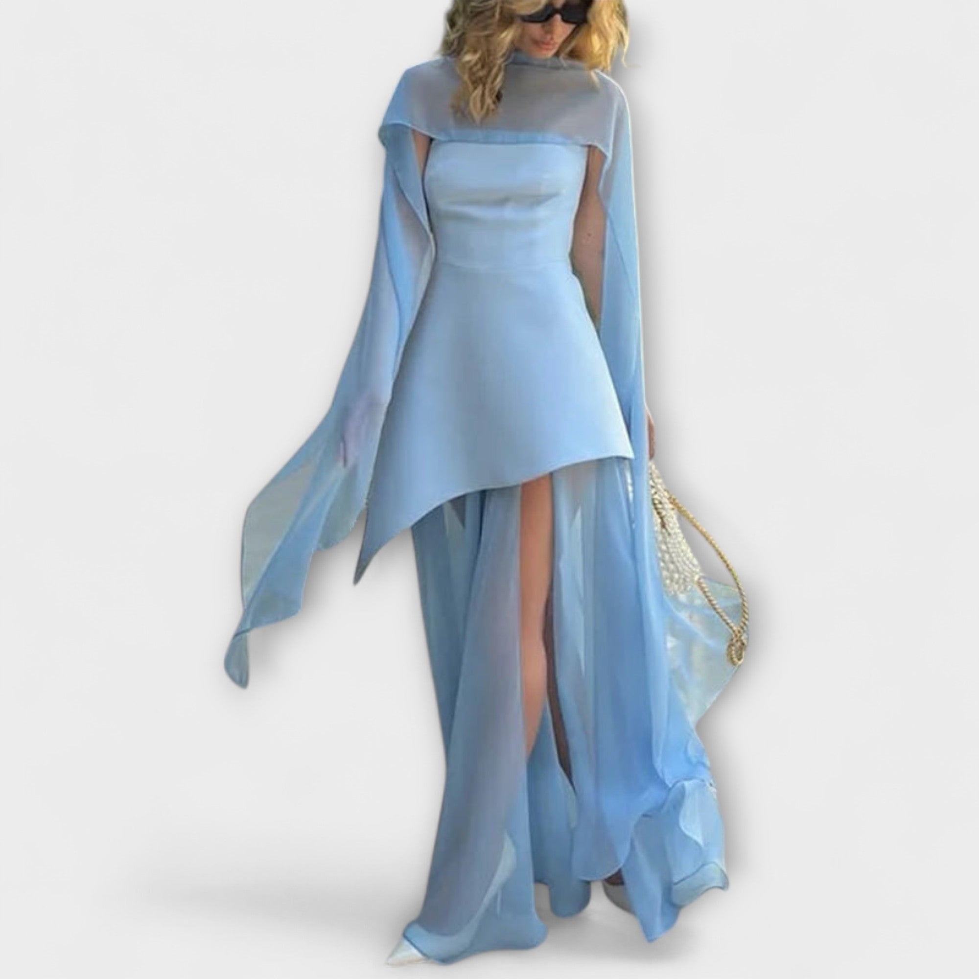 Women’s Strapless Ankle-Length Dress, Sleeveless, Regular Fit, Polyester, Sheer Chiffon Overlay, High Side Slit