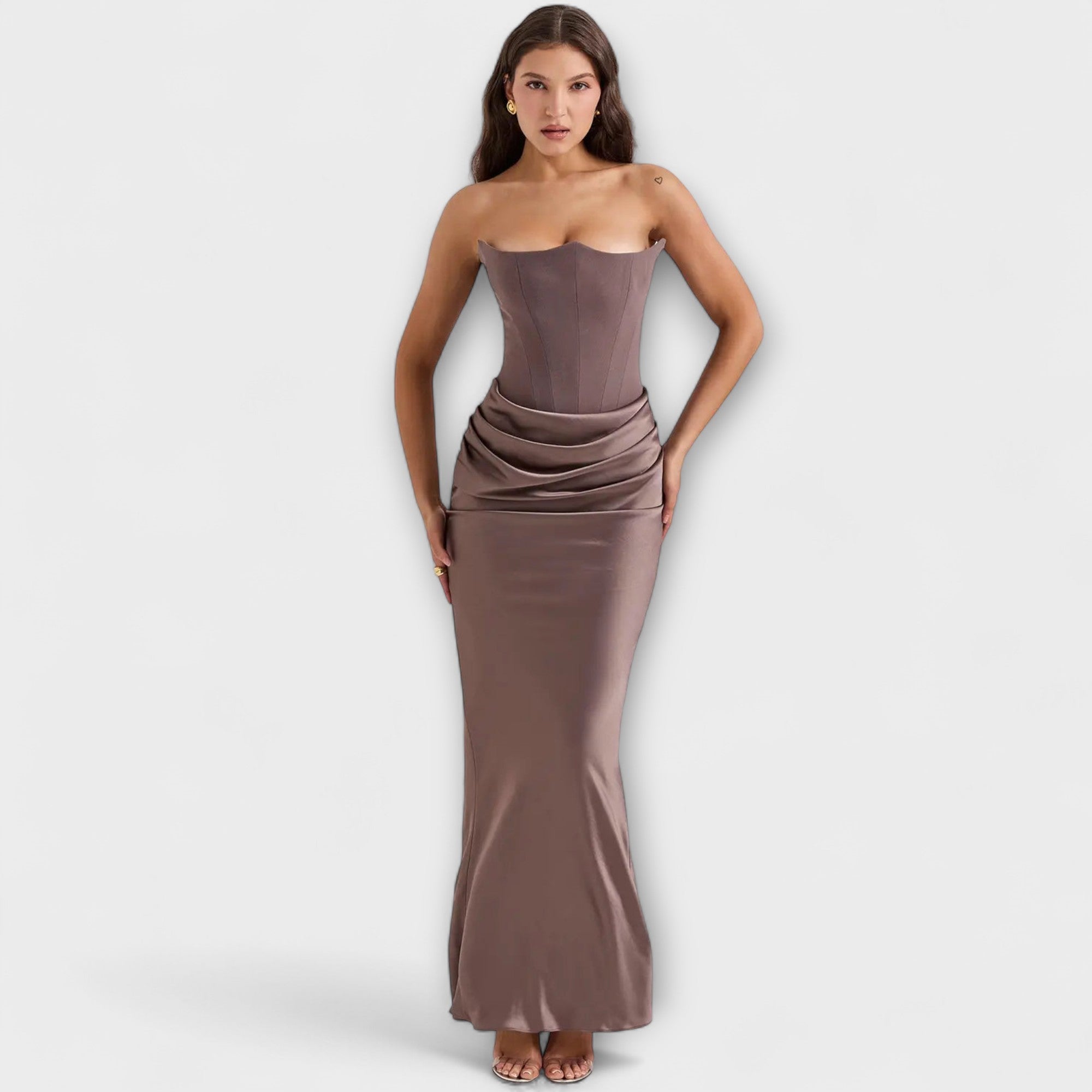 Women’s Strapless Satin Maxi Dress, Heart Neckline, Fitted, Polyester Elastane