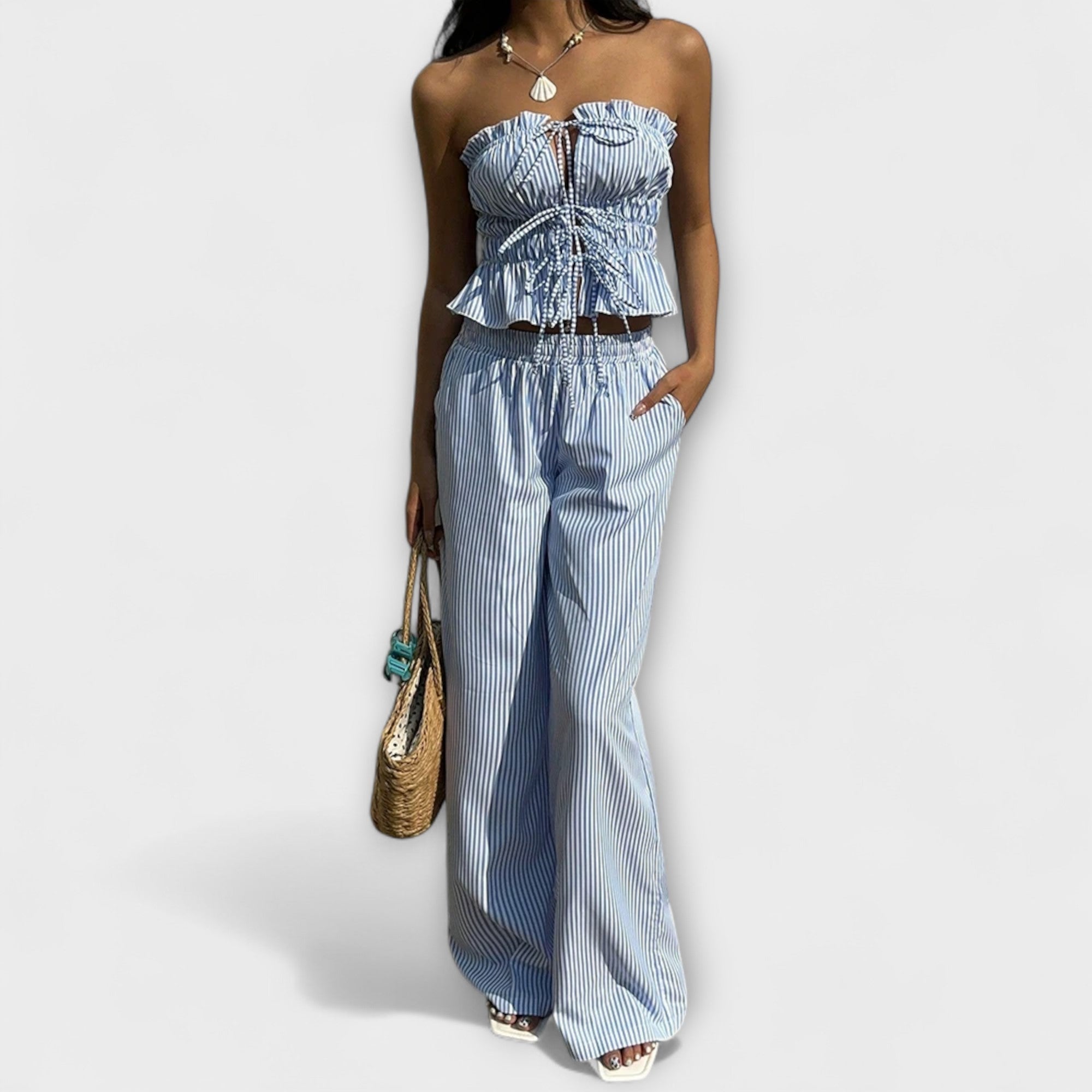 Women’s Strapless Trousers Set, High-Waist, Ruffle and Bow Detail, Spring Summer, Breathable Fit