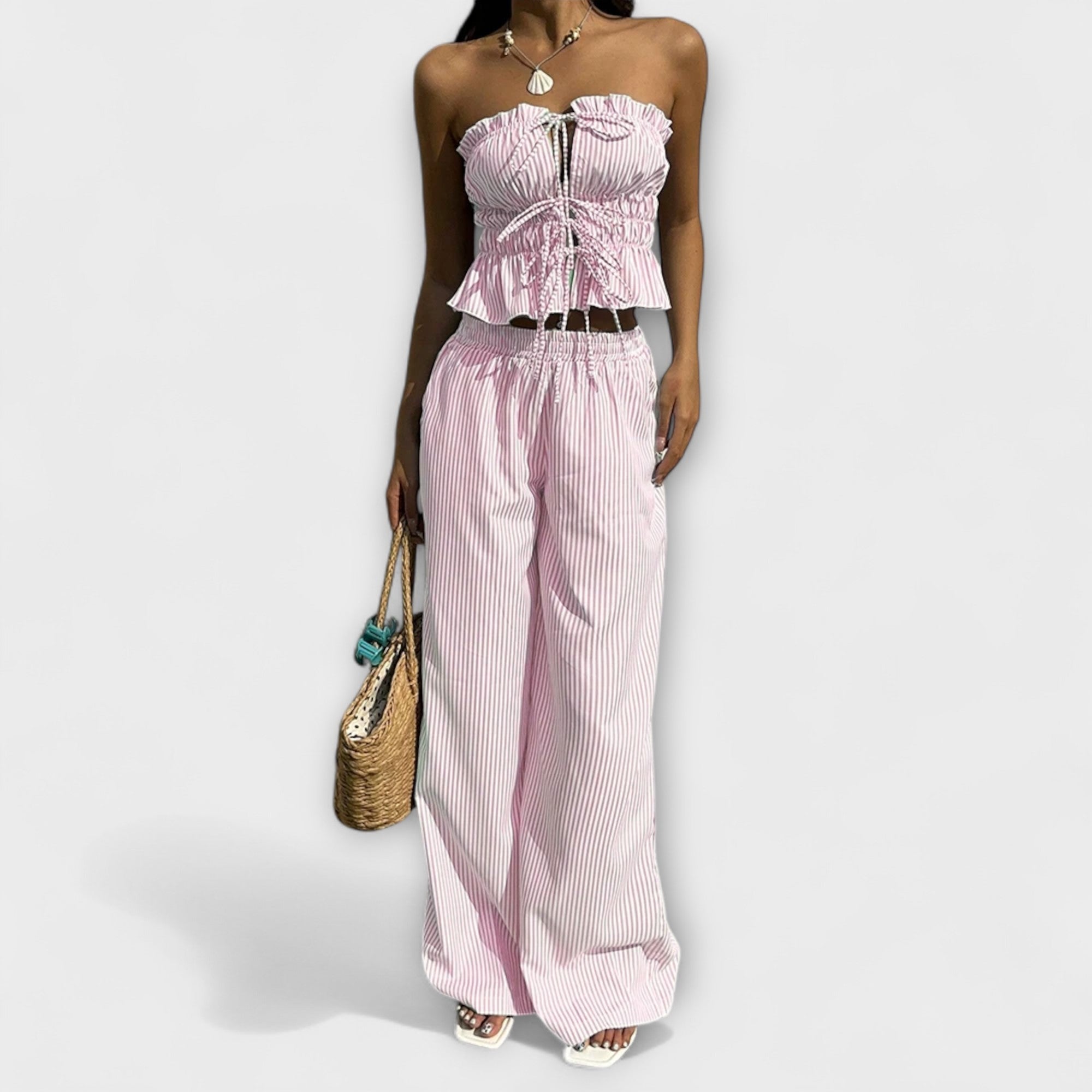 Women’s Strapless Trousers Set, High-Waist, Ruffle and Bow Detail, Spring Summer, Breathable Fit