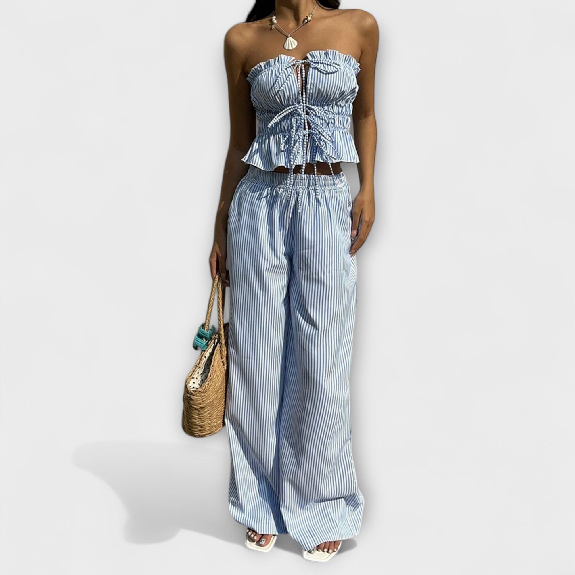 Women’s Strapless Trousers Set, High-Waist, Ruffle and Bow Detail, Spring Summer, Breathable Fit