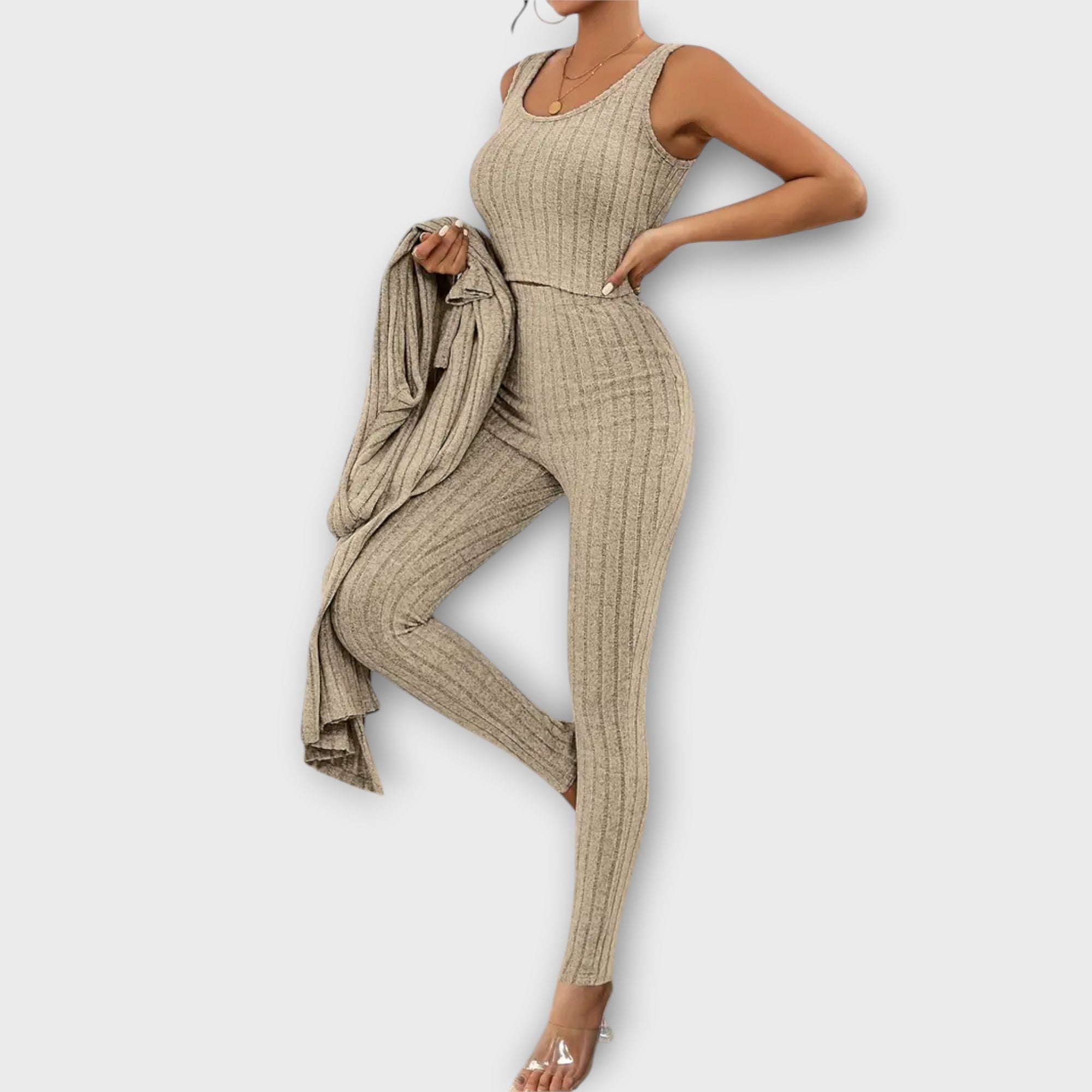 Women’s Striped Crop Top Set, Long-Sleeved Cardigan, Tailored Crop Top, Lightweight, Relaxed Fit Trousers