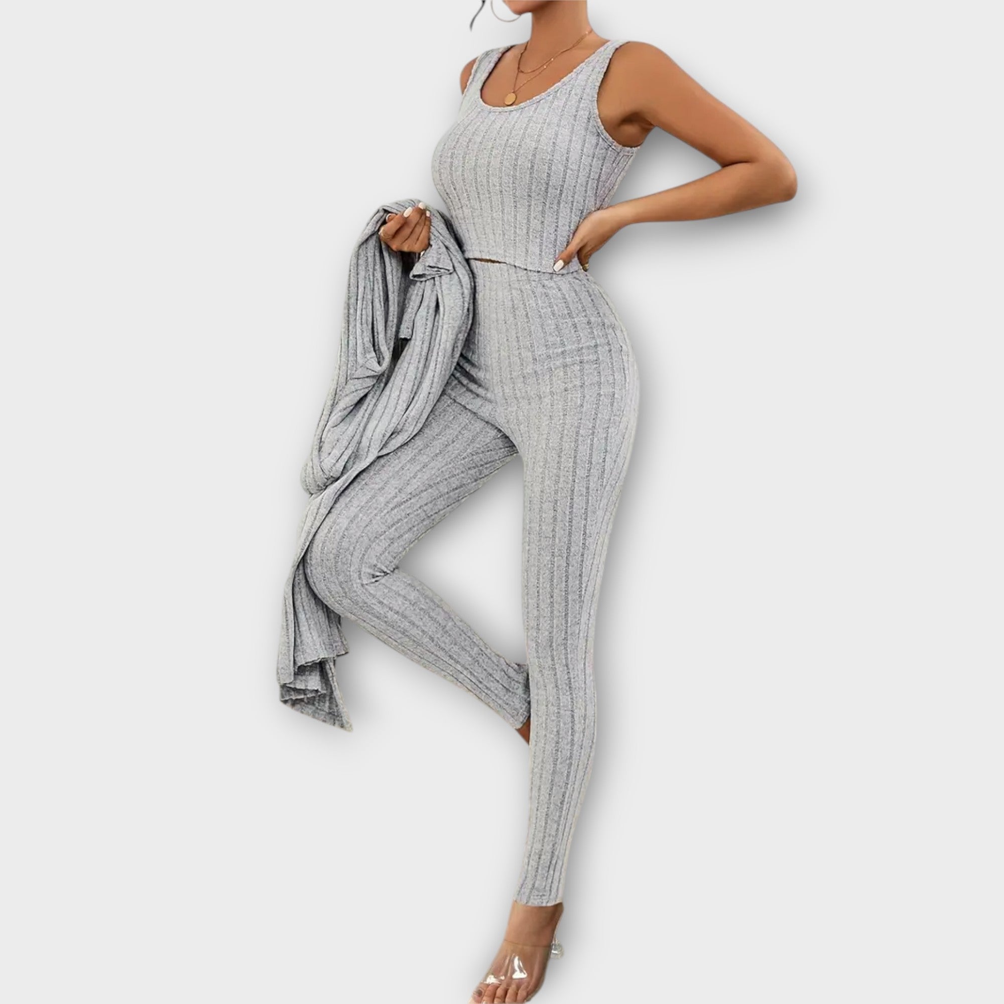Women’s Striped Crop Top Set, Long-Sleeved Cardigan, Tailored Crop Top, Lightweight, Relaxed Fit Trousers