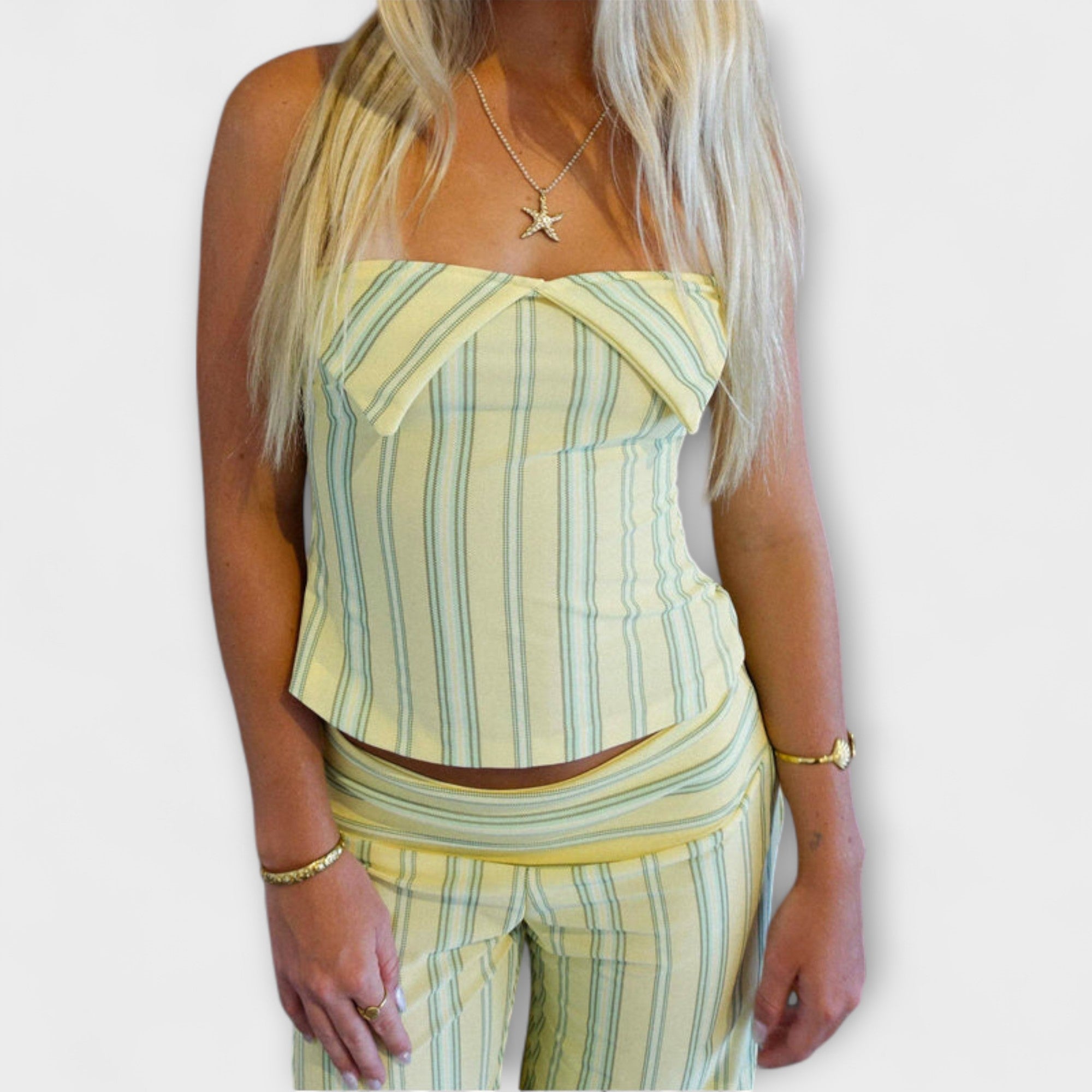 Women’s Striped Strapless Top with Adjustable Ties, Sleeveless, Open Back , Tailored Striped Trousers with Zip Closure and Back Pockets, Tailored Fit Set