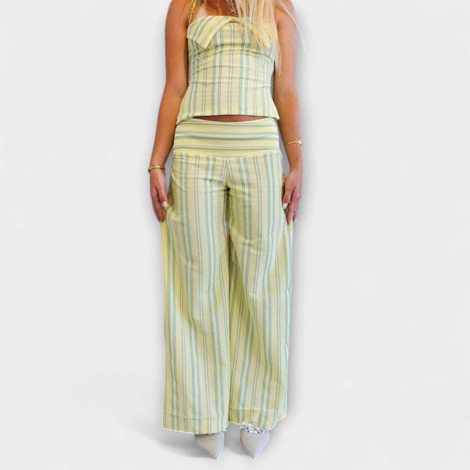 Women’s Striped Strapless Top with Adjustable Ties, Sleeveless, Open Back , Tailored Striped Trousers with Zip Closure and Back Pockets, Tailored Fit Set