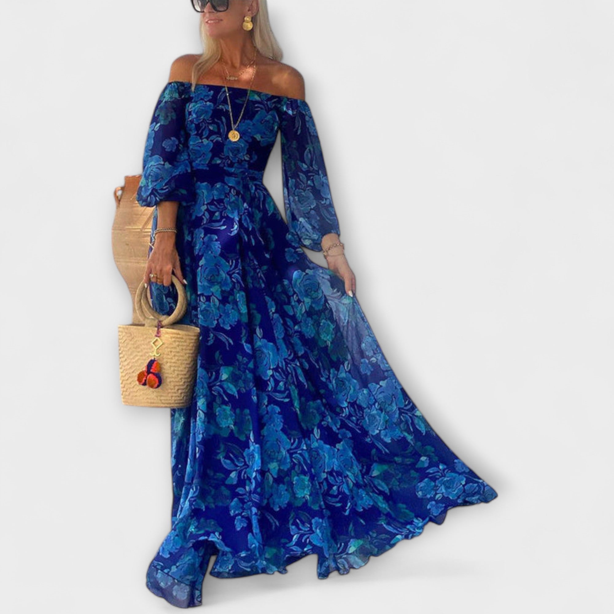 Women’s Summer Dress, Off-Shoulder Neckline, Lantern Sleeves, Relaxed Fit, Polyester