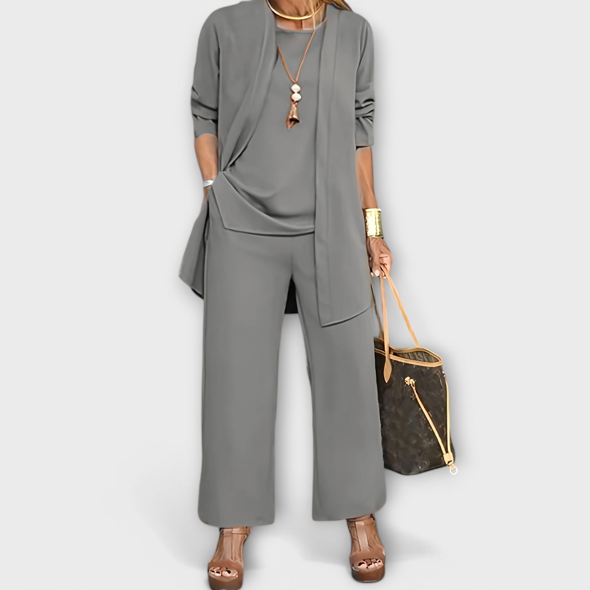 Women’s Three-Piece Set, Lightweight Relaxed Fit Trousers, T-Shirt, Cardigan