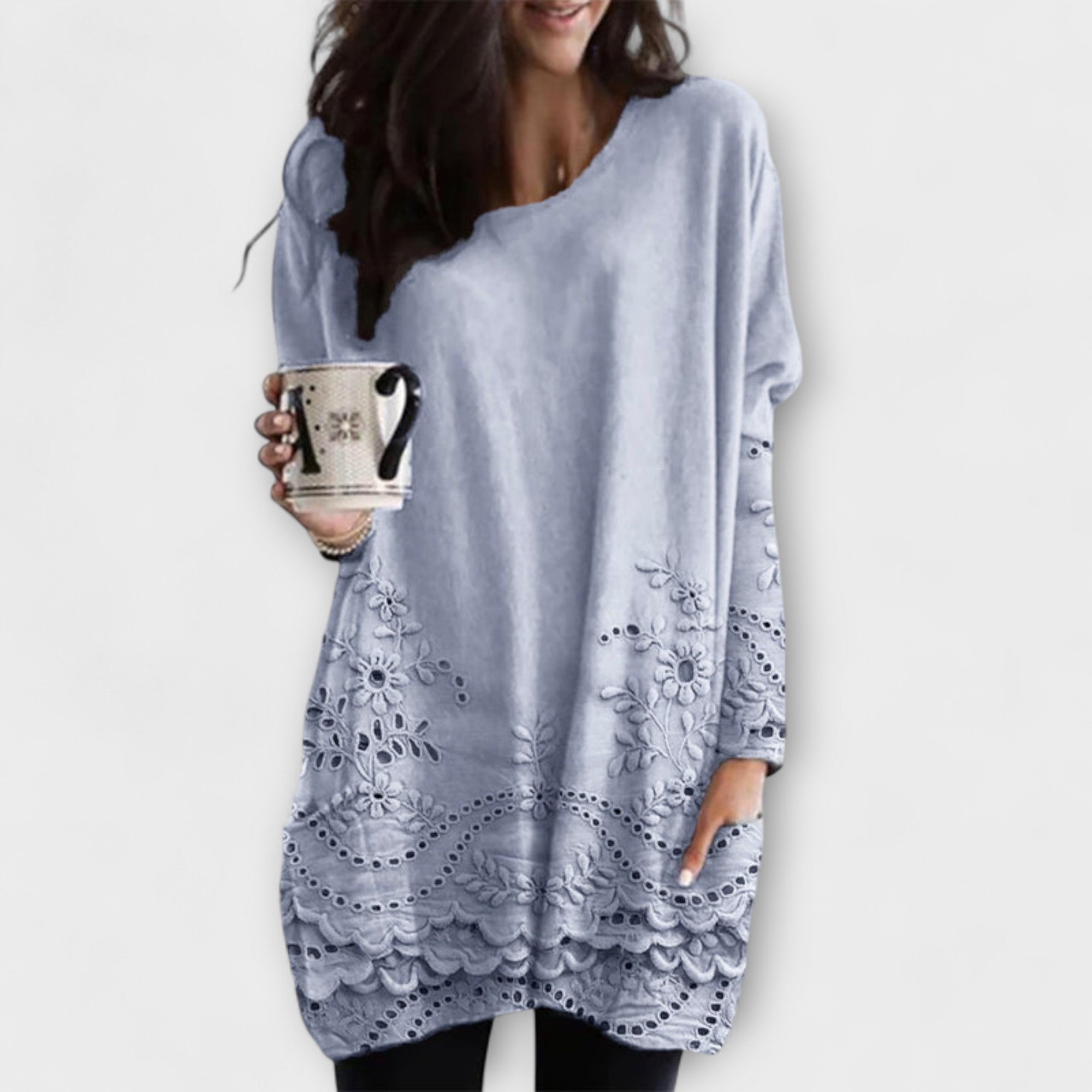 Women’s Tunic Length Dress, Lightweight Pullover, Oversized Fit, Crew Neckline, Floral Embroidery, Soft Material