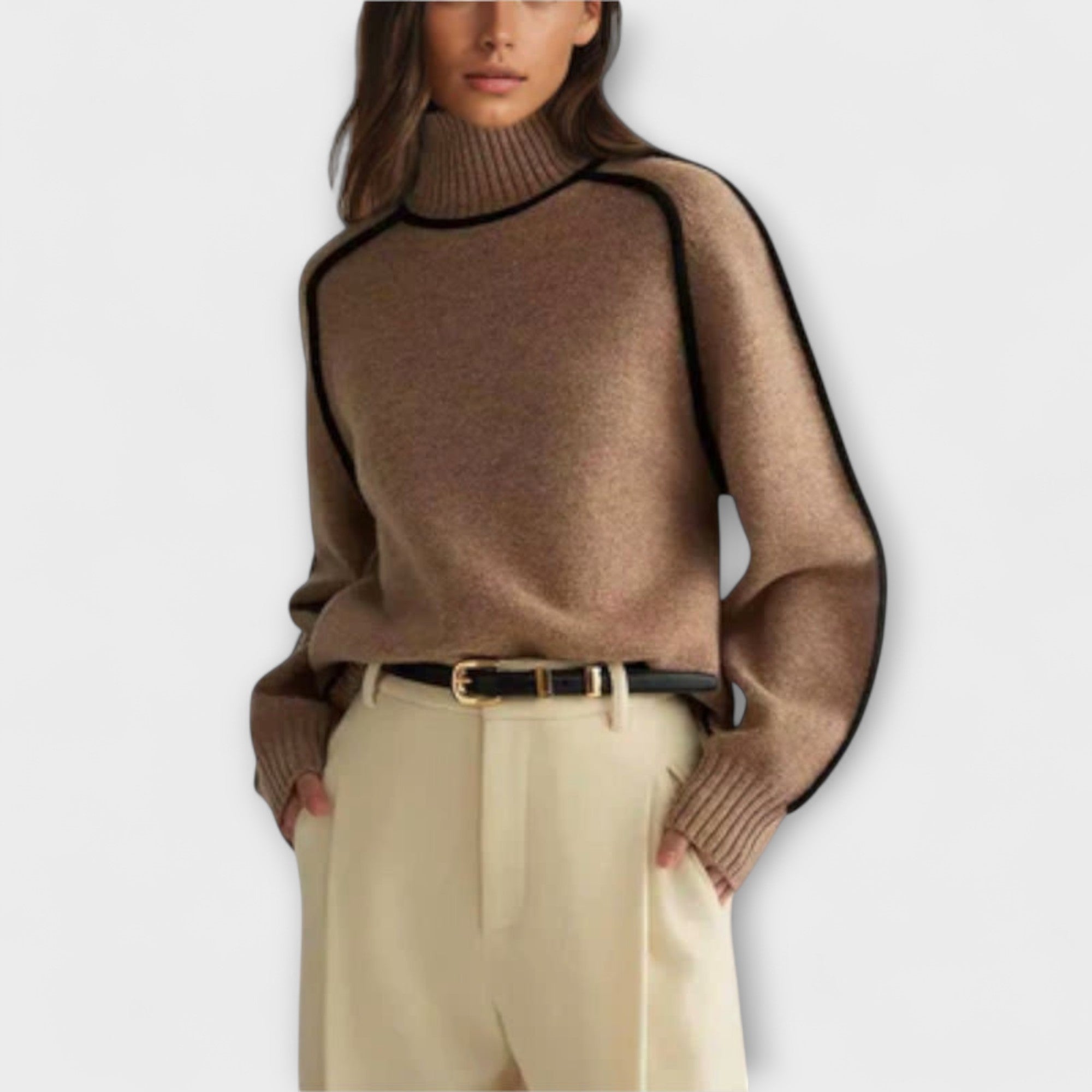 Women’s Turtleneck Sweater, Neutral Color, Long Sleeve, Relaxed Fit, Knitted Fabric, Breathable, Classic Silhouette