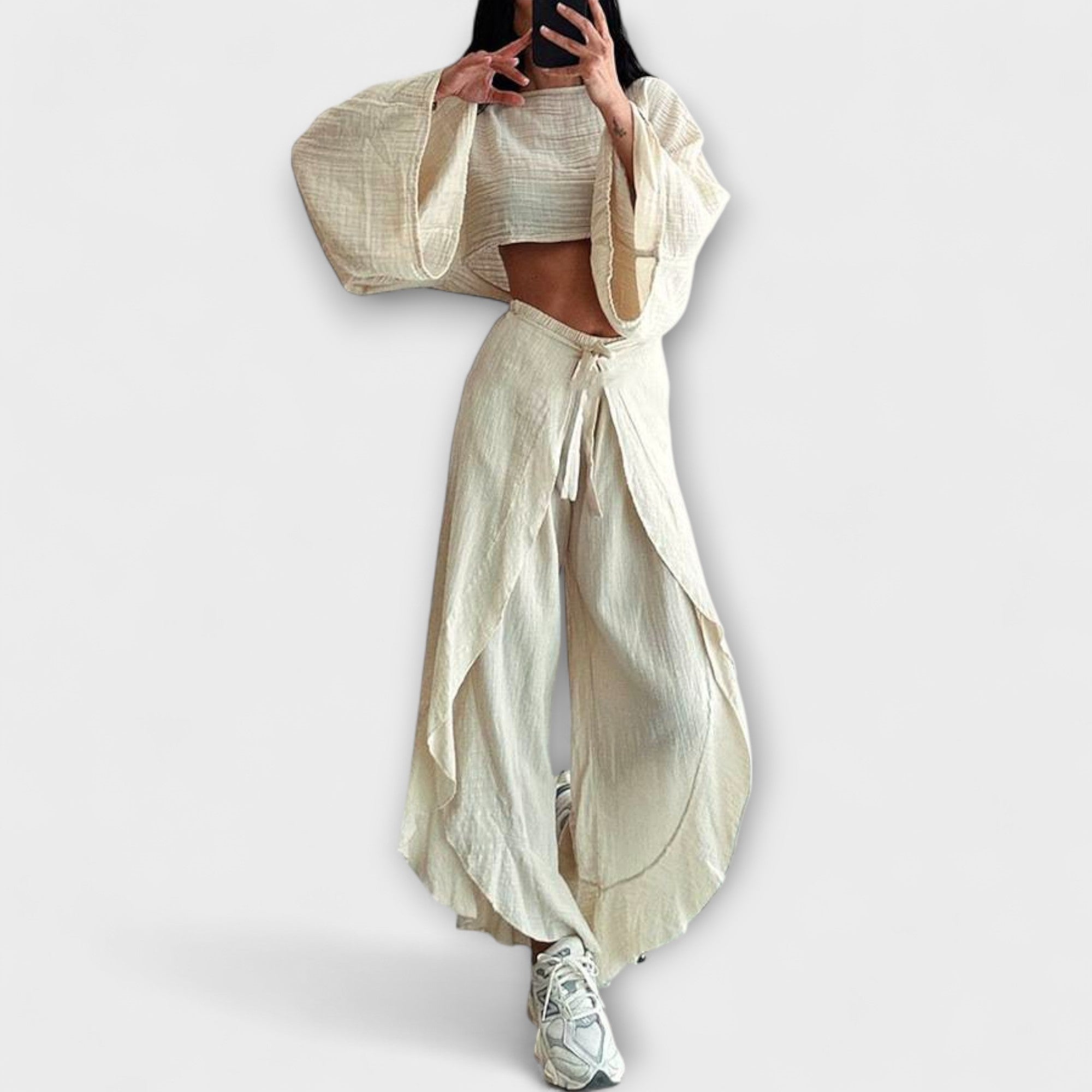 Women’s Two-Piece Set, Cotton-Linen Blend, Relaxed Fit, Medium Weight Material