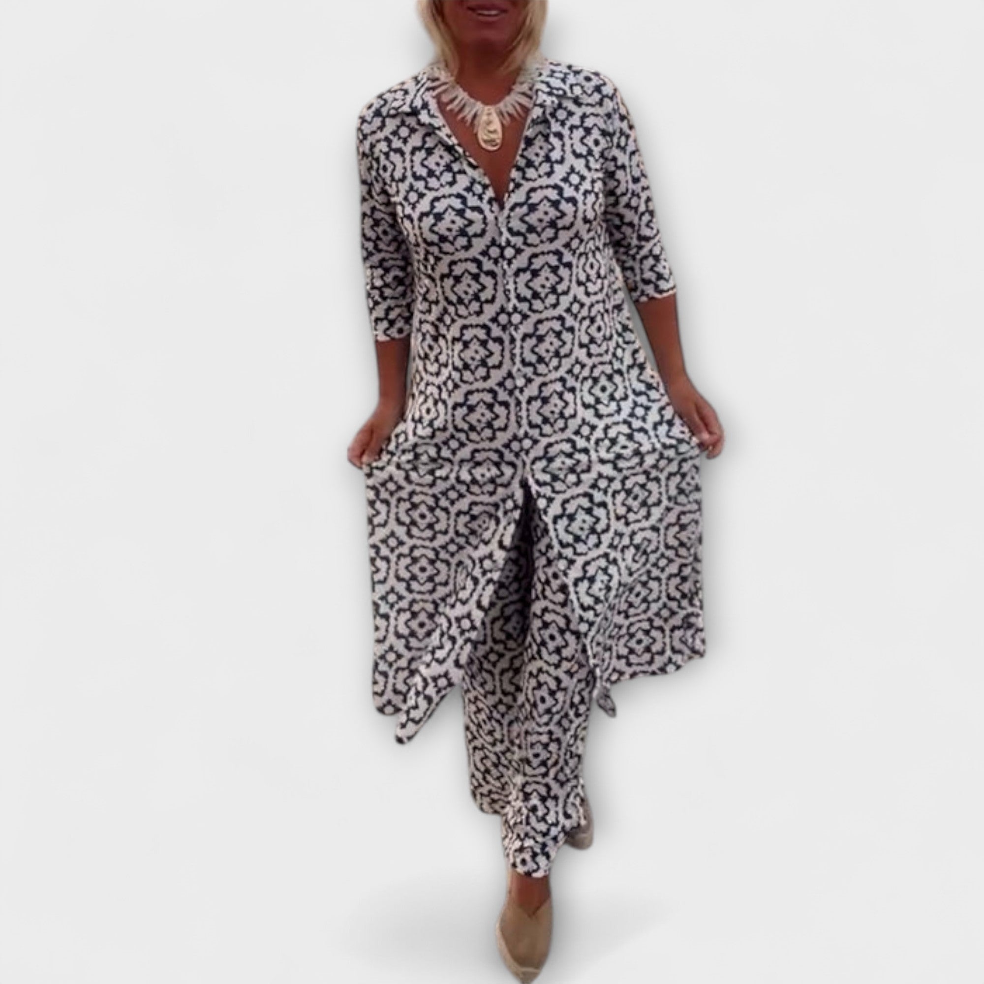 Women’s Two-Piece Set, Geometric Pattern, Relaxed Fit